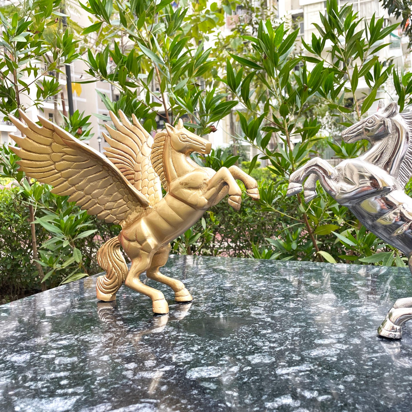 Golden & Silver Flying Horses Statu