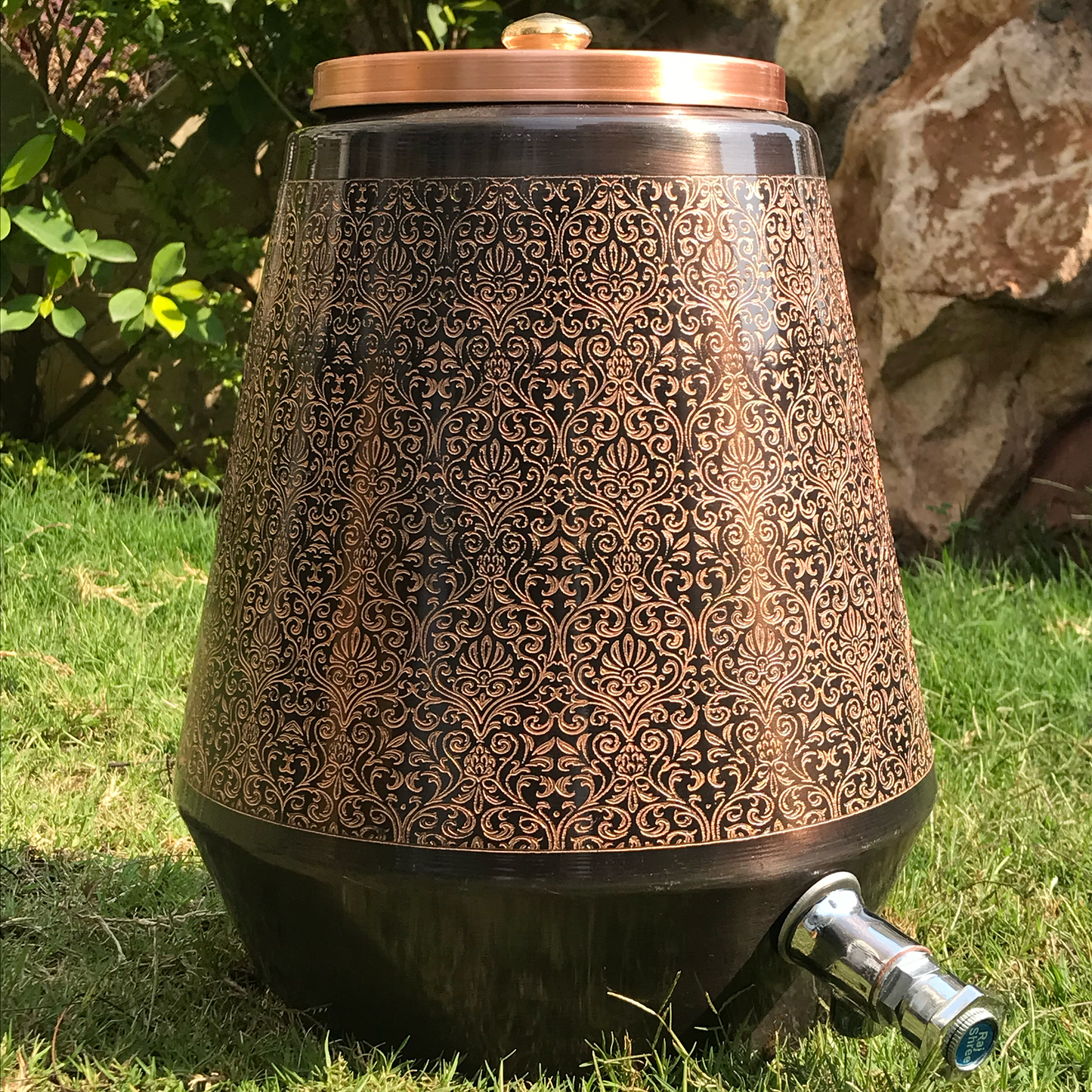 Pure Copper Water Dispenser | Conical Antique Engraved Design | Capacity 5 & 8 Liter - Sama Homes