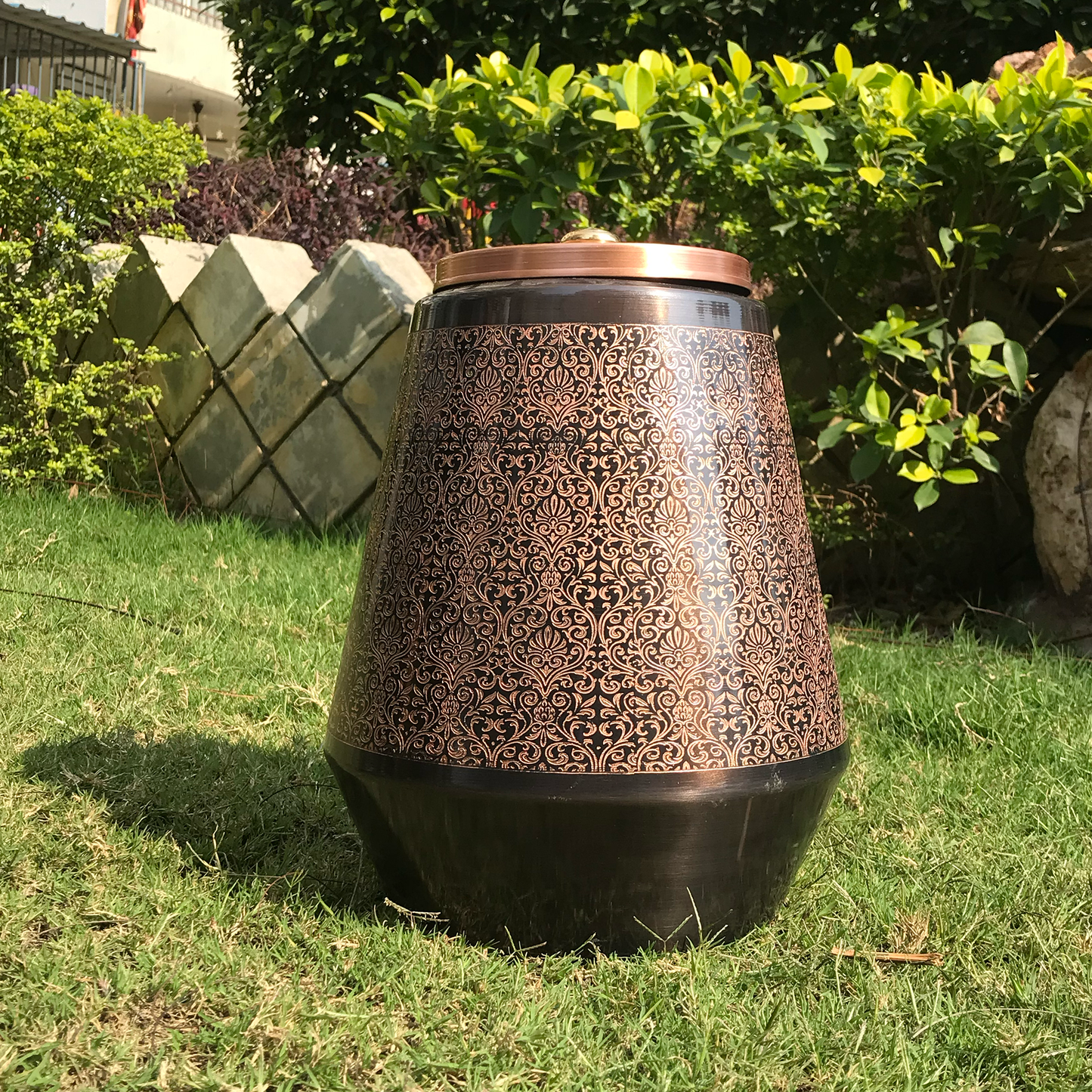 Pure Copper Water Dispenser | Conical Antique Engraved Design | Capacity 5 & 8 Liter - Sama Homes