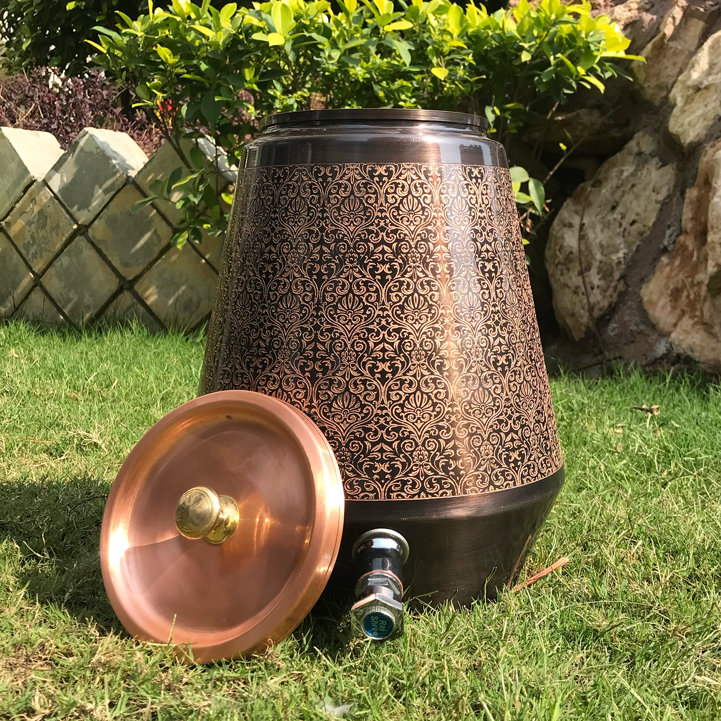 Pure Copper Water Dispenser | Conical Antique Engraved Design | Capacity 5 & 8 Liter - Sama Homes