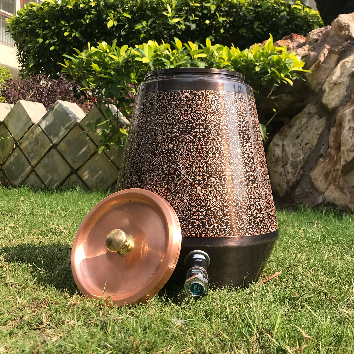 Pure Copper Water Dispenser | Conical Antique Engraved Design | Capacity 5 & 8 Liter - Sama Homes