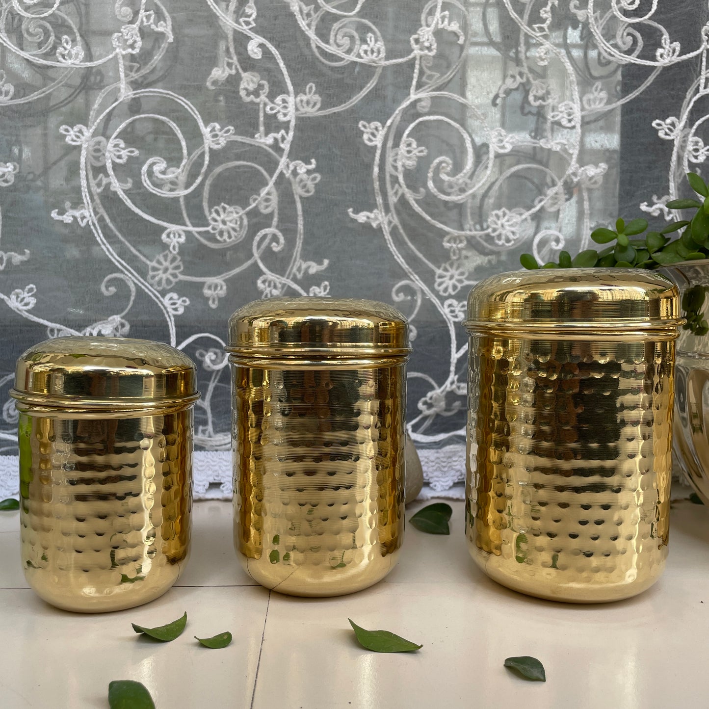 Brass Hammered Storage Canister Set | Pulse Storage Box | Pantry Essentials | Deep Dabba Box | Dal Box | Available in Set - Sama Homes