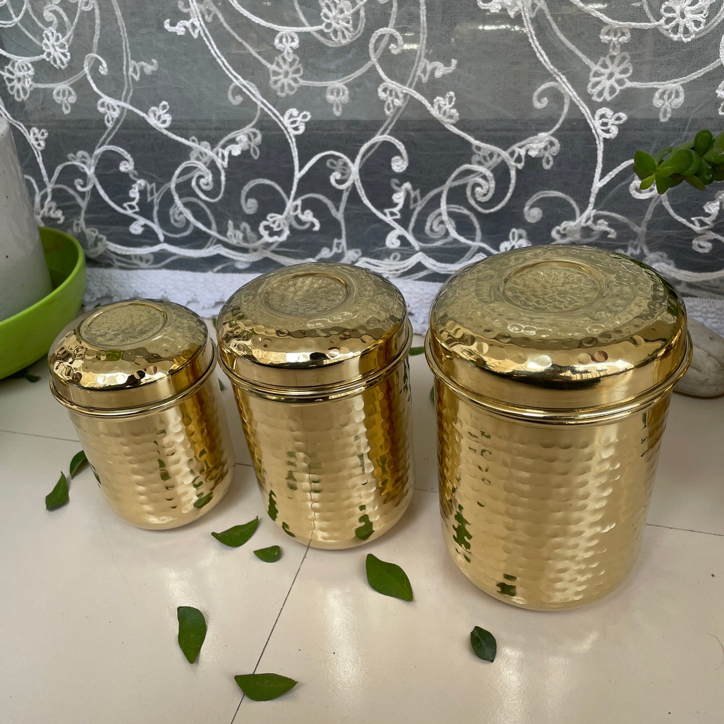 Brass Hammered Storage Canister Set | Pulse Storage Box | Pantry Essentials | Deep Dabba Box | Dal Box | Available in Set - Sama Homes