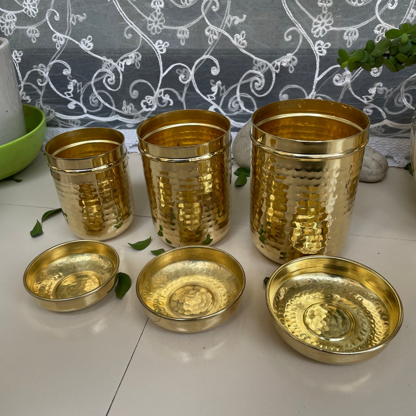 Brass Hammered Storage Canister Set | Pulse Storage Box | Pantry Essentials | Deep Dabba Box | Dal Box | Available in Set - Sama Homes