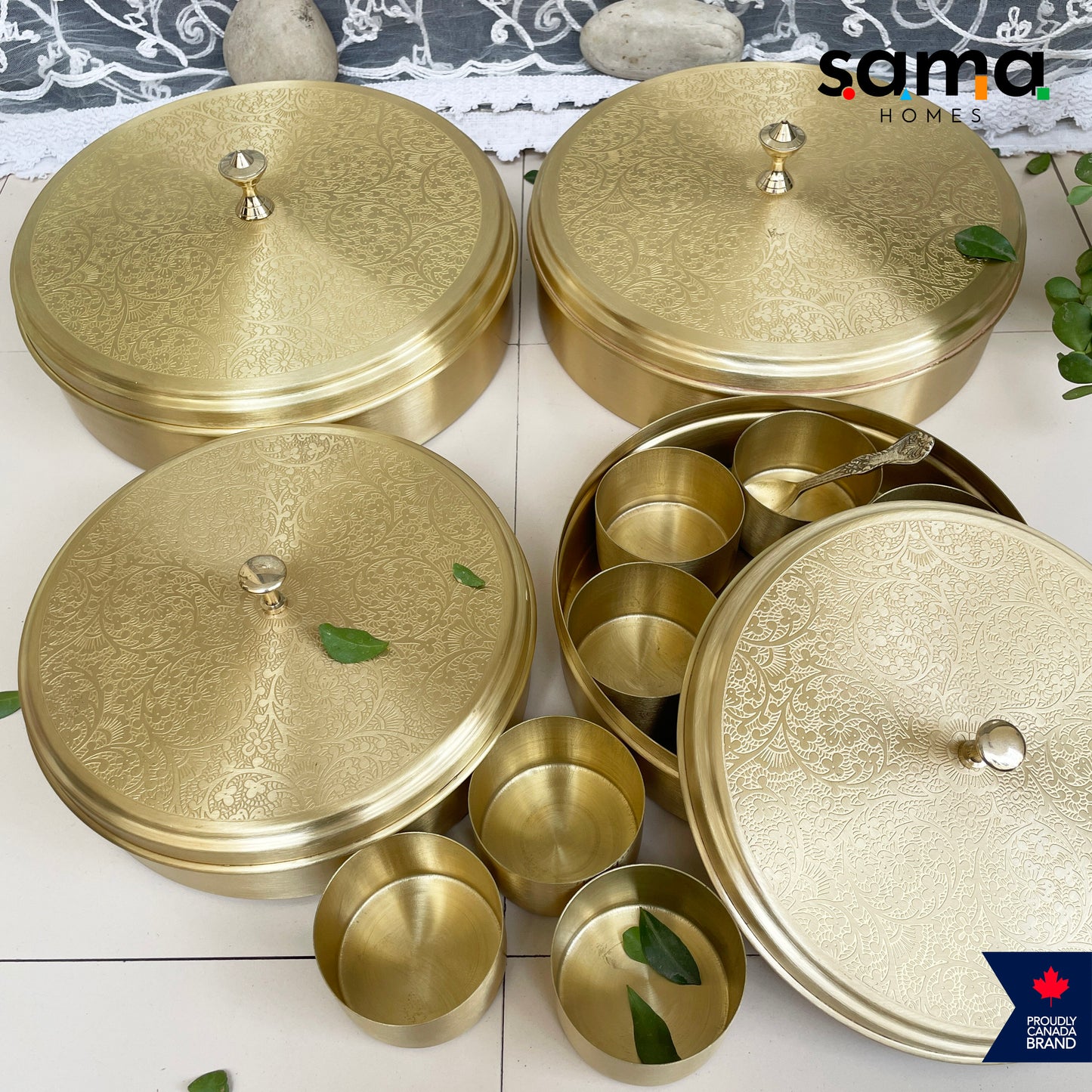 Elegant Handcrafted Brass Spice Box Etched Design | Matte Finish | Masala Box | 7 Containers with Spoon | 7 Inches and 9 Inches - Sama Homes