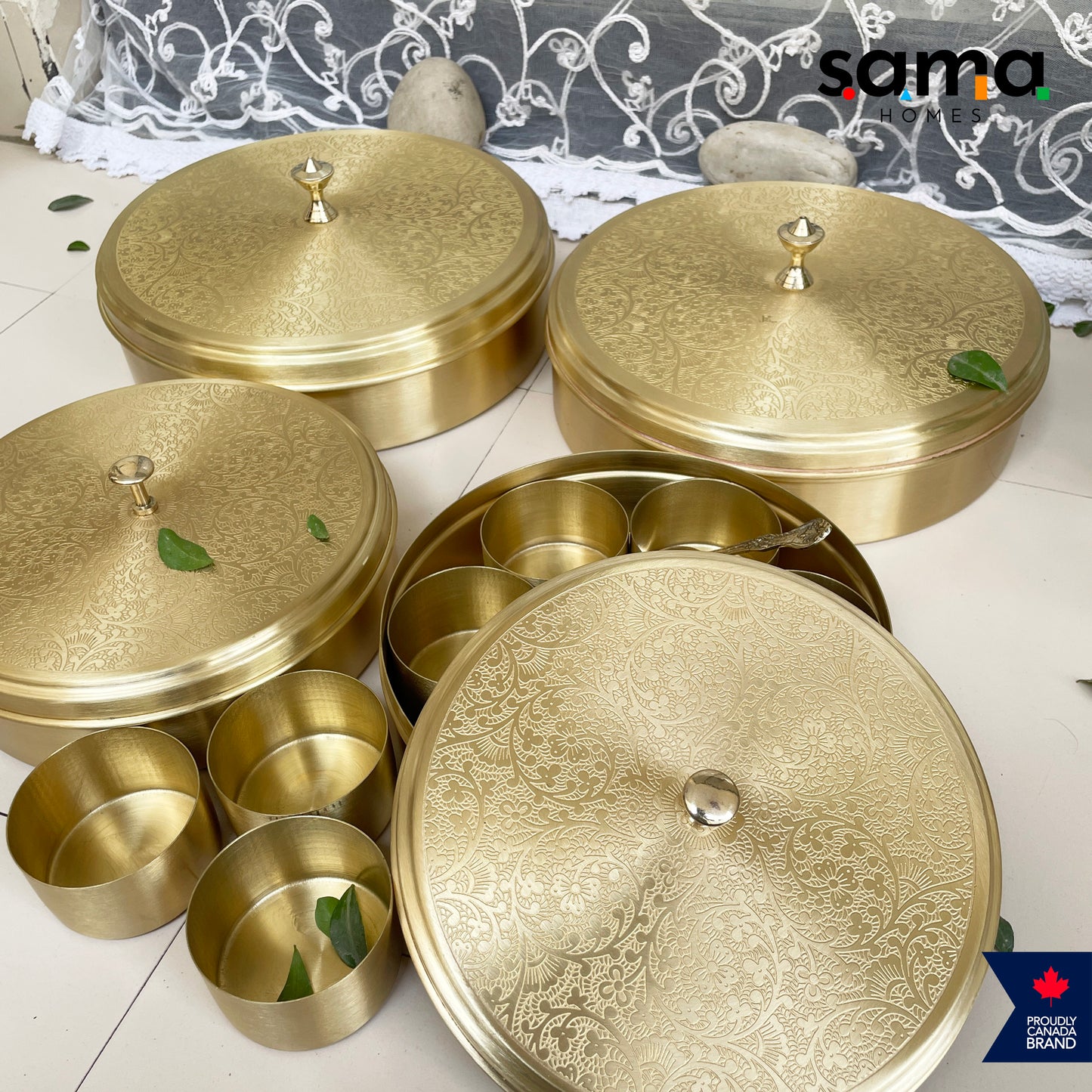 Elegant Handcrafted Brass Spice Box Etched Design | Matte Finish | Masala Box | 7 Containers with Spoon | 7 Inches and 9 Inches - Sama Homes