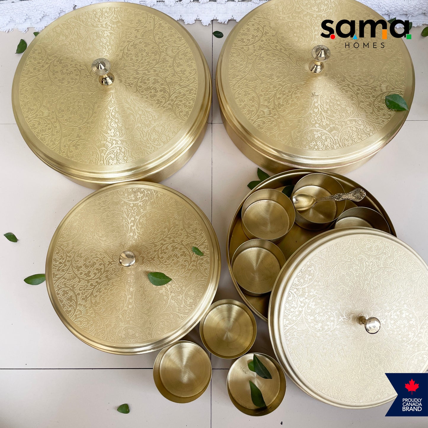 Elegant Handcrafted Brass Spice Box Etched Design | Matte Finish | Masala Box | 7 Containers with Spoon | 7 Inches and 9 Inches - Sama Homes