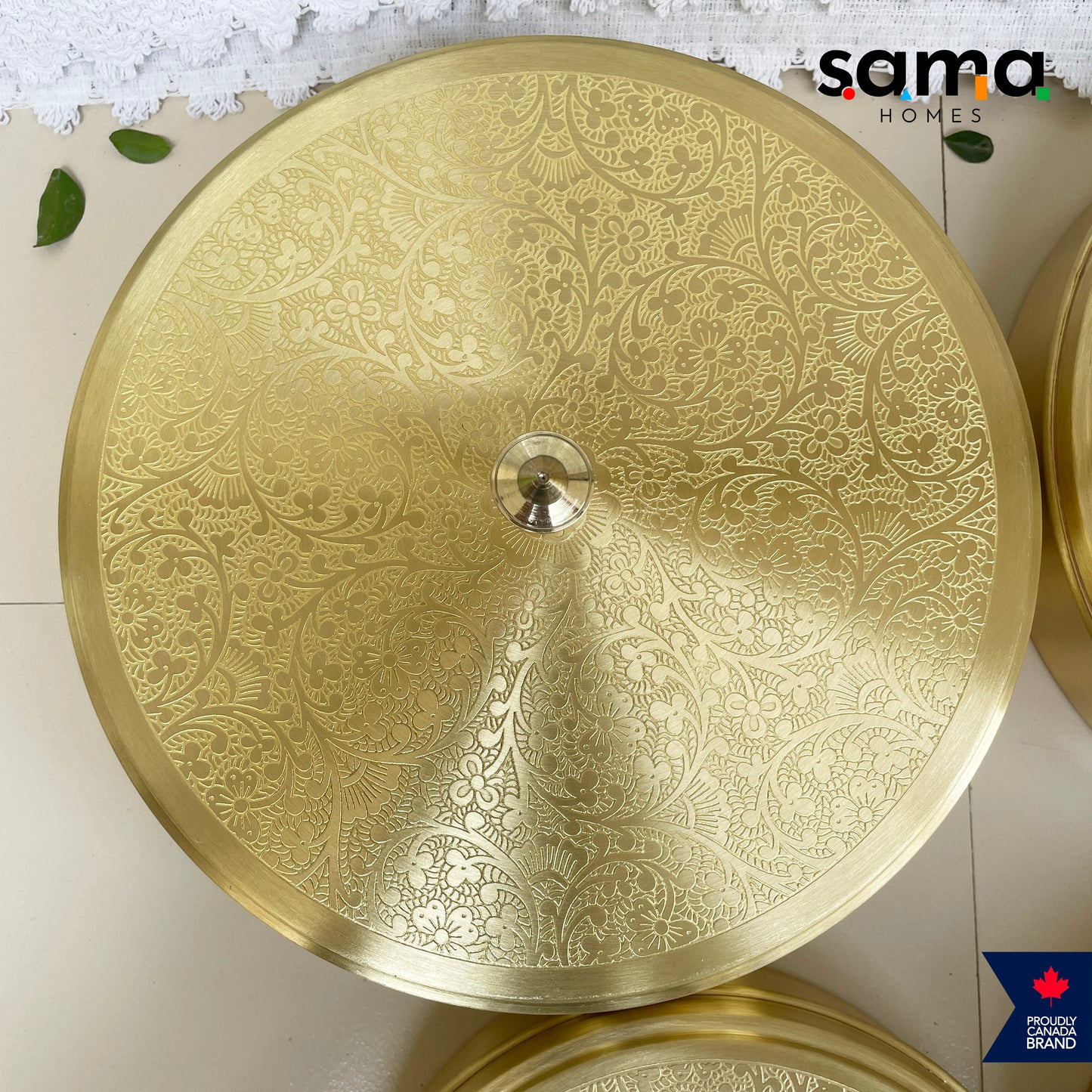 Elegant Handcrafted Brass Spice Box Etched Design | Matte Finish | Masala Box | 7 Containers with Spoon | 7 Inches and 9 Inches - Sama Homes