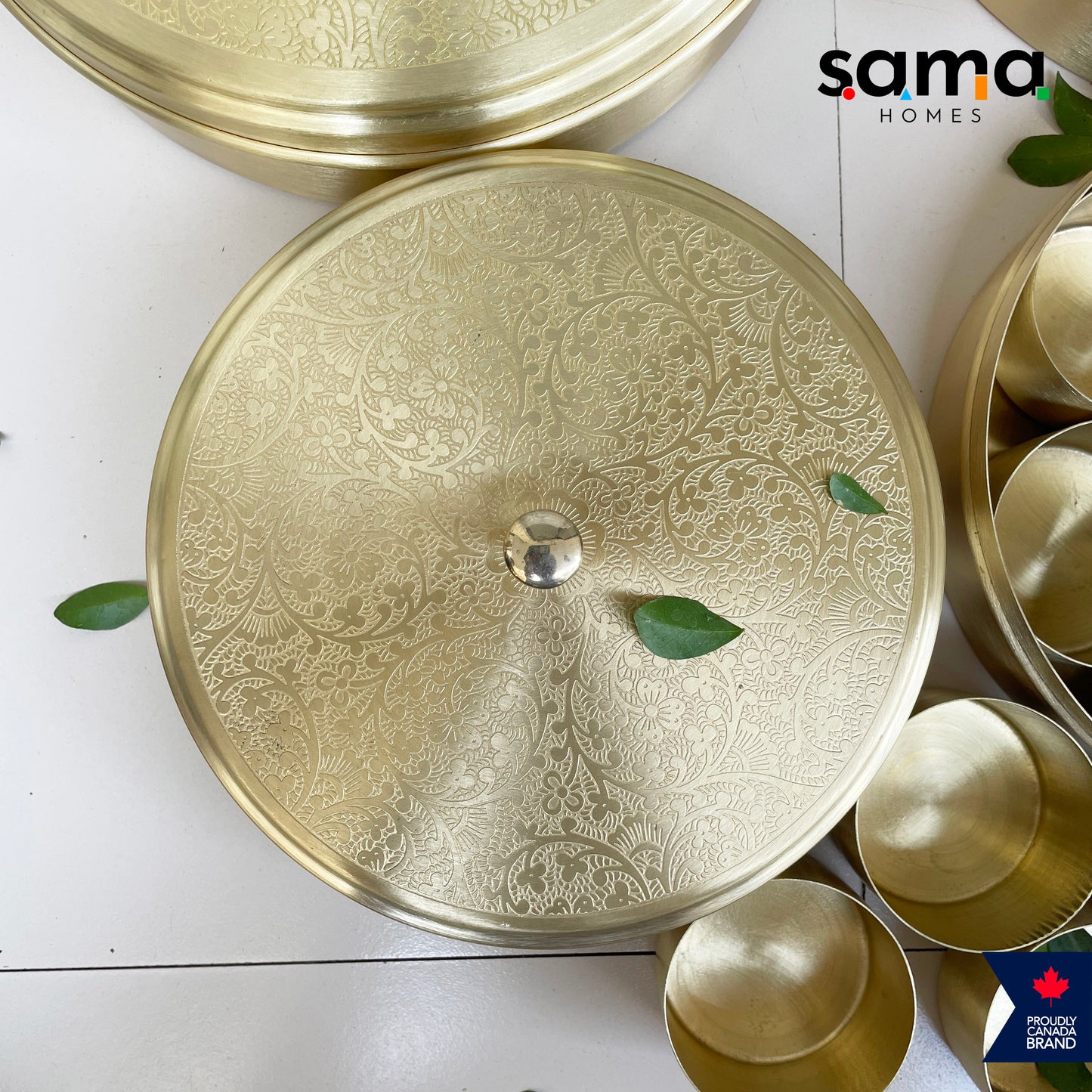 Elegant Handcrafted Brass Spice Box Etched Design | Matte Finish | Masala Box | 7 Containers with Spoon | 7 Inches and 9 Inches - Sama Homes