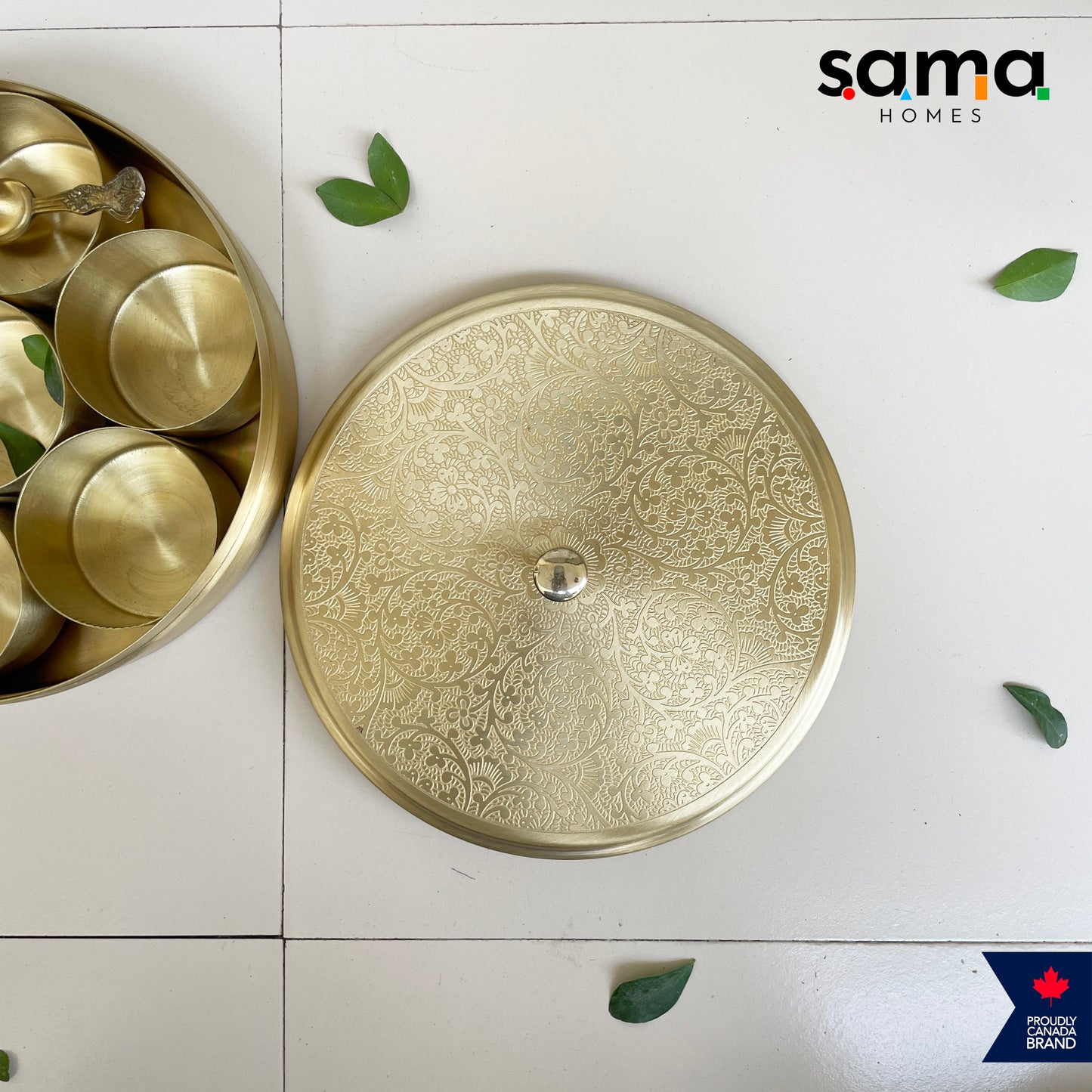 Elegant Handcrafted Brass Spice Box Etched Design | Matte Finish | Masala Box | 7 Containers with Spoon | 7 Inches and 9 Inches - Sama Homes