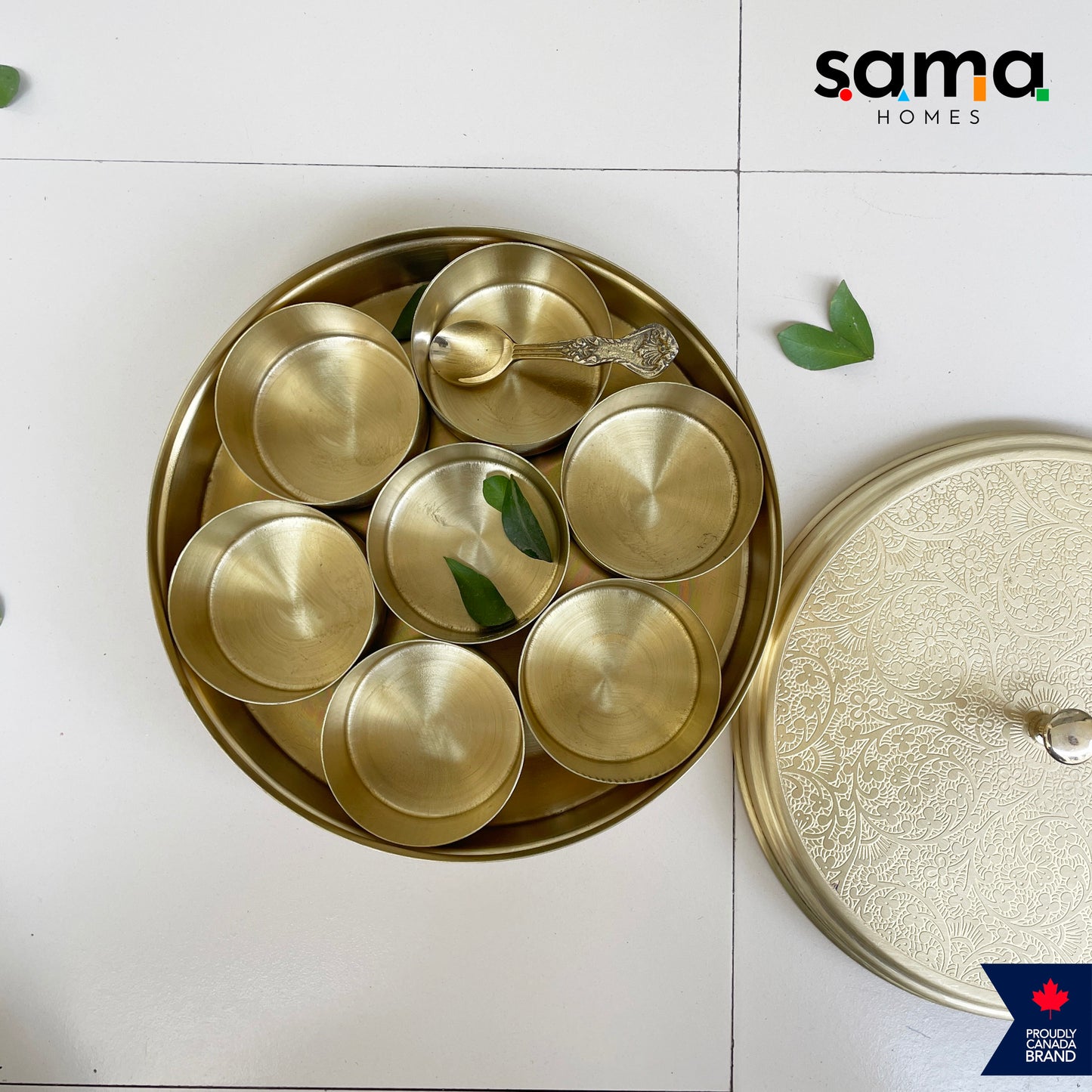 Elegant Handcrafted Brass Spice Box Etched Design | Matte Finish | Masala Box | 7 Containers with Spoon | 7 Inches and 9 Inches - Sama Homes