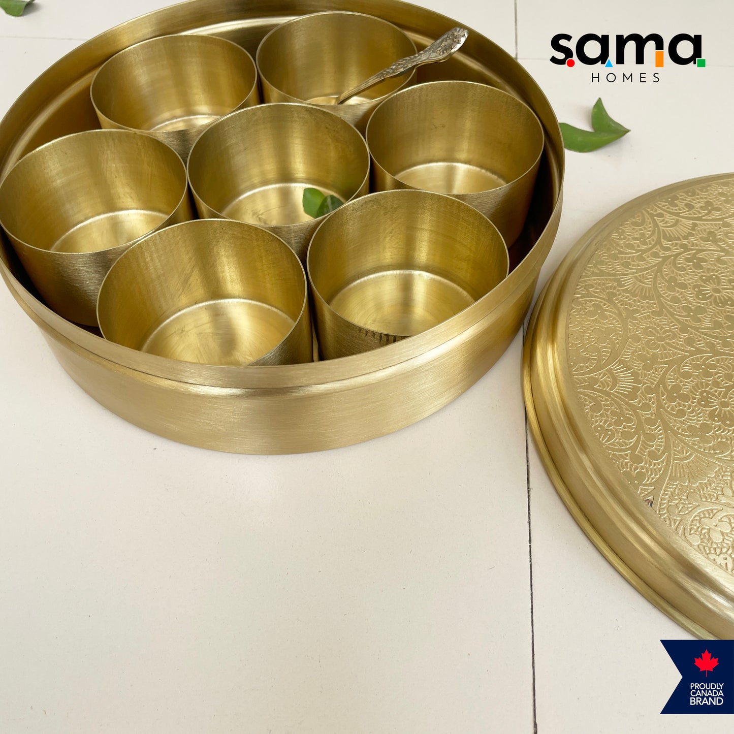 Elegant Handcrafted Brass Spice Box Etched Design | Matte Finish | Masala Box | 7 Containers with Spoon | 7 Inches and 9 Inches - Sama Homes