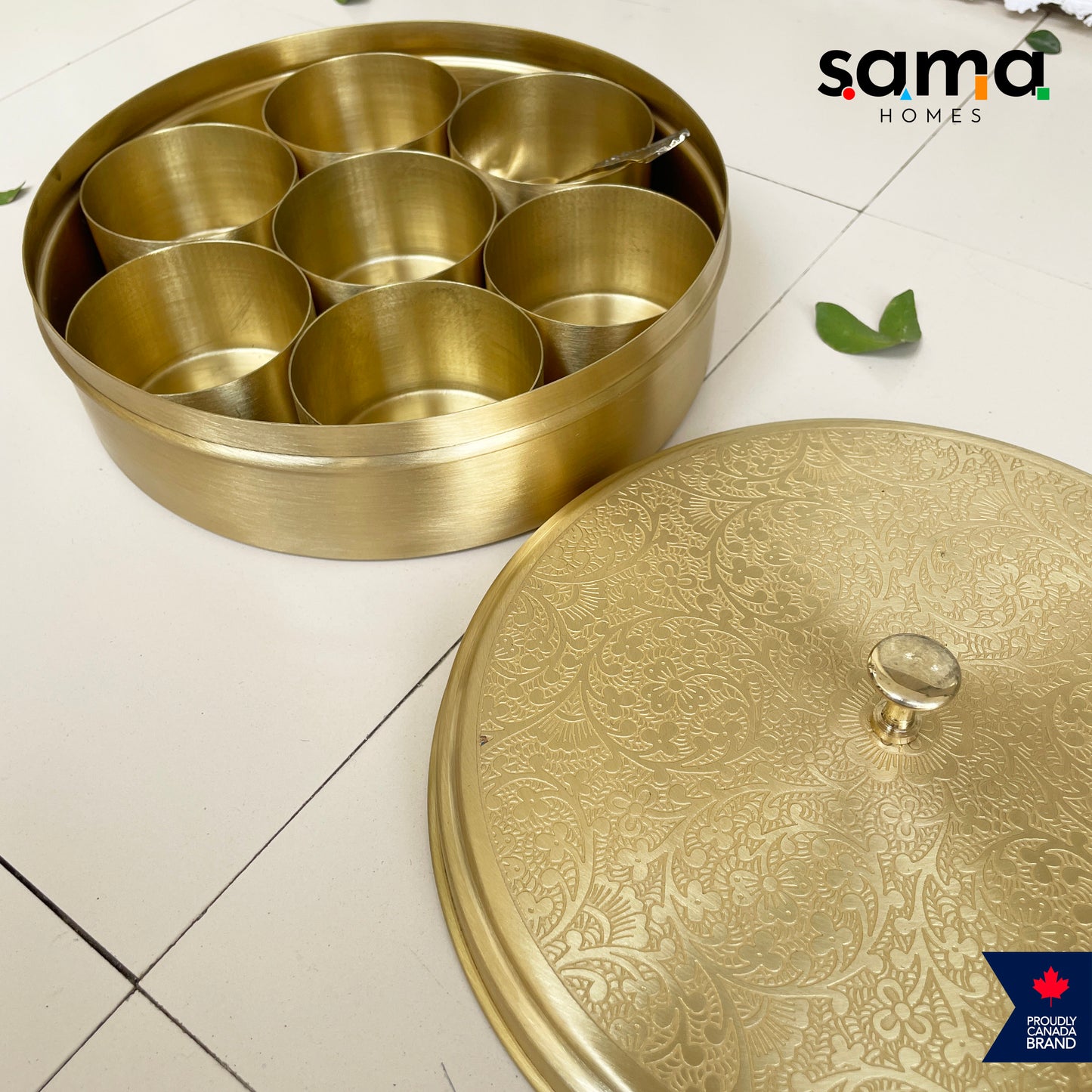 Elegant Handcrafted Brass Spice Box Etched Design | Matte Finish | Masala Box | 7 Containers with Spoon | 7 Inches and 9 Inches - Sama Homes