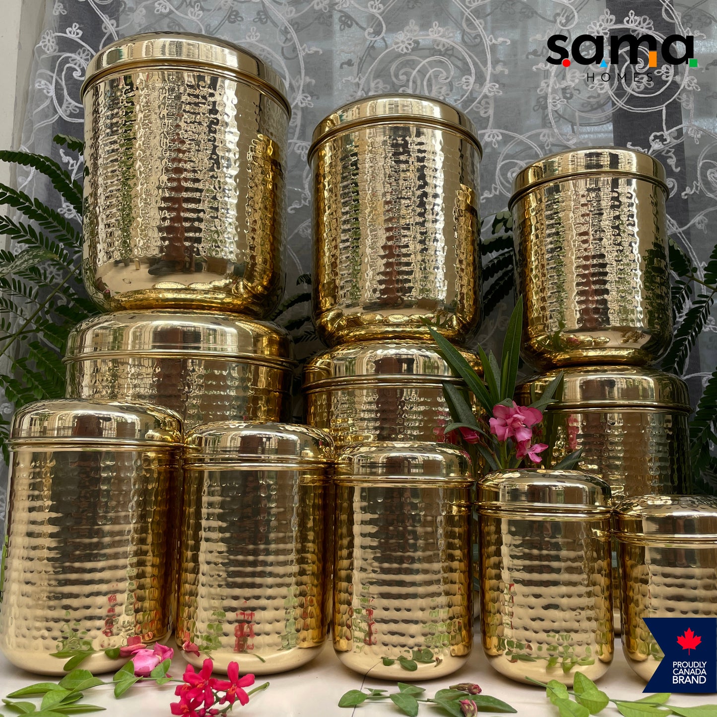 Brass Hammered Storage Canister Set | Pulse Storage Box | Pantry Essentials | Deep Dabba Box | Dal Box | Available in Set - Sama Homes