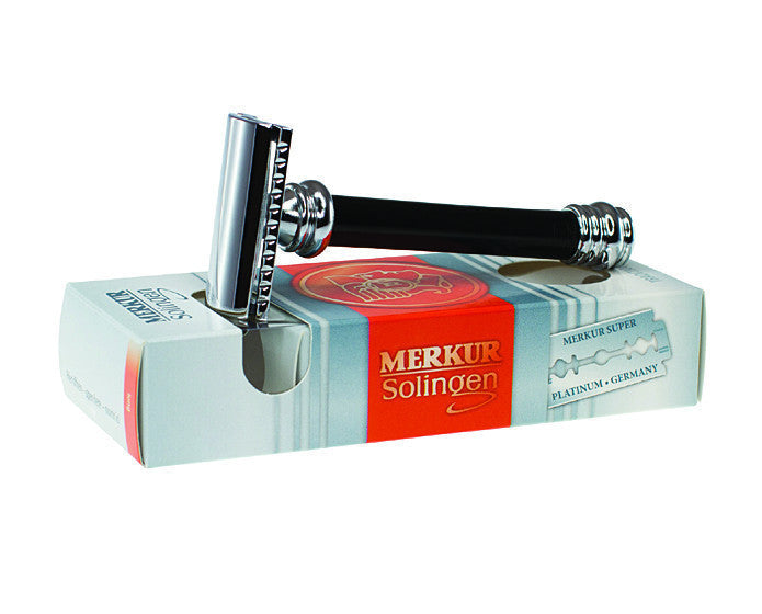 Merkur 38B 2-Piece DE Safety Razor, Closed Comb, Barberpole Long Heavy Handle, Black