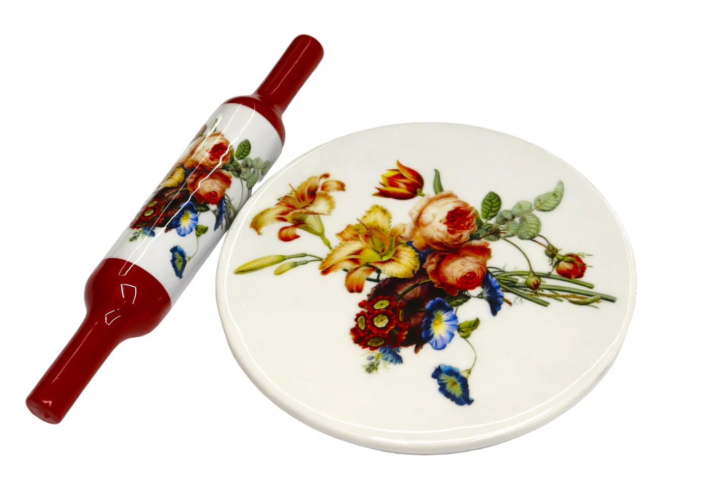 Handcrafted White Marble Roti Maker with Wooden Belan Enamel Prints | Indian Chakla Belan 10 Inch with Diameter