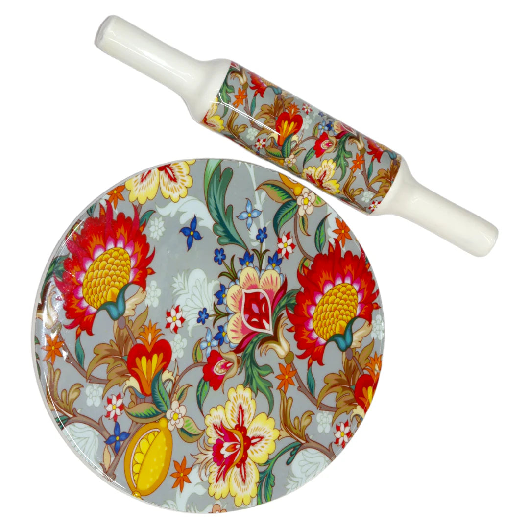 Handcrafted White Marble Roti Maker with Wooden Belan Enamel Prints | Indian Chakla Belan 10 Inch with Diameter