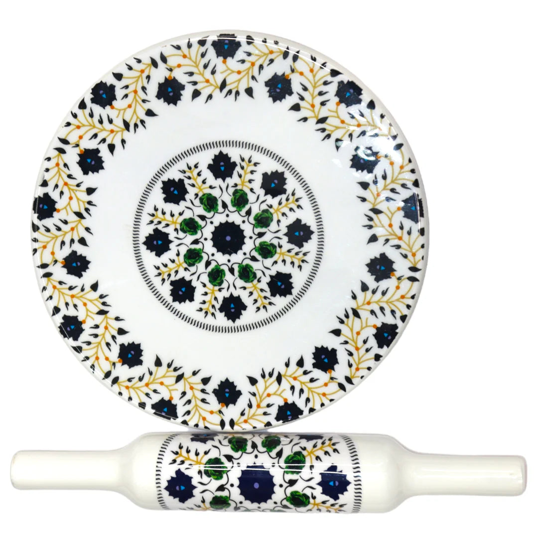 Handcrafted White Marble Roti Maker with Wooden Belan Enamel Prints | Indian Chakla Belan 10 Inch with Diameter