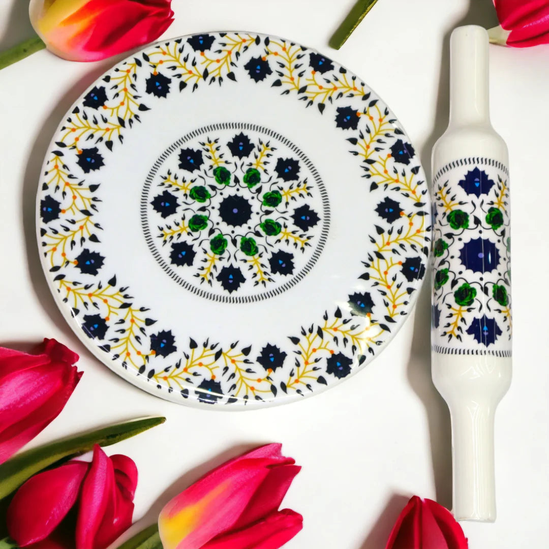 Handcrafted White Marble Roti Maker with Wooden Belan Enamel Prints | Indian Chakla Belan 10 Inch with Diameter