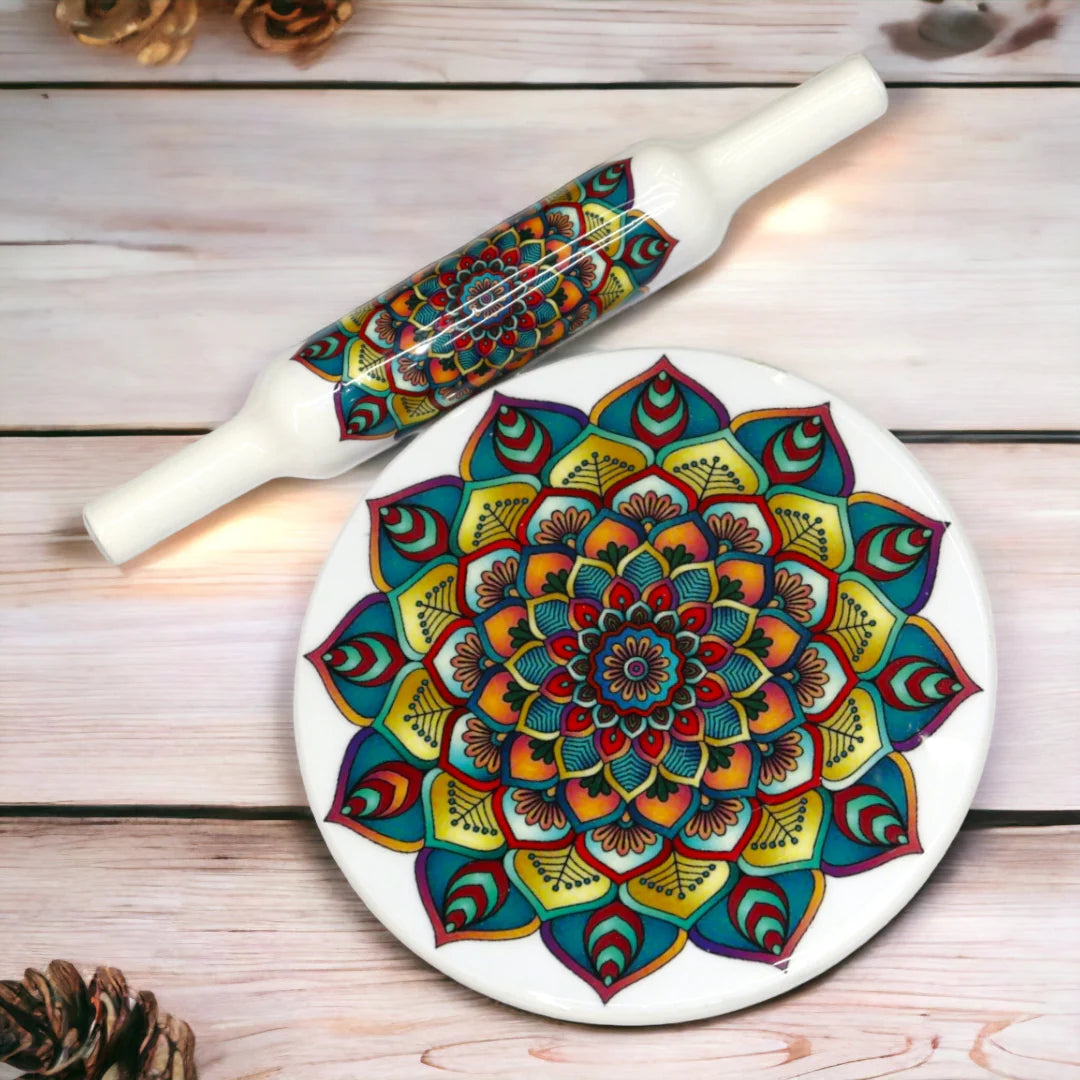 Handcrafted White Marble Roti Maker with Wooden Belan Enamel Prints | Indian Chakla Belan 10 Inch with Diameter