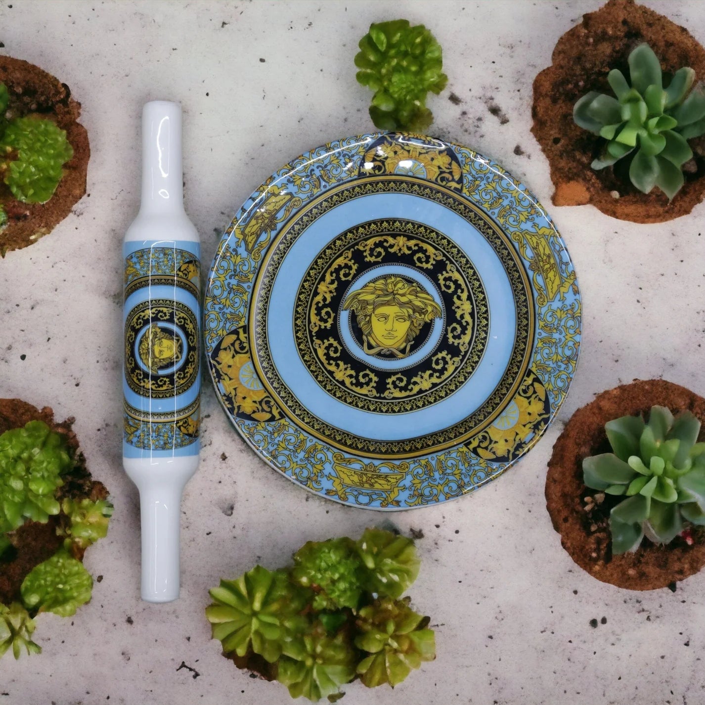 Handcrafted White Marble Roti Maker with Wooden Belan Enamel Prints | Indian Chakla Belan 10 Inch with Diameter