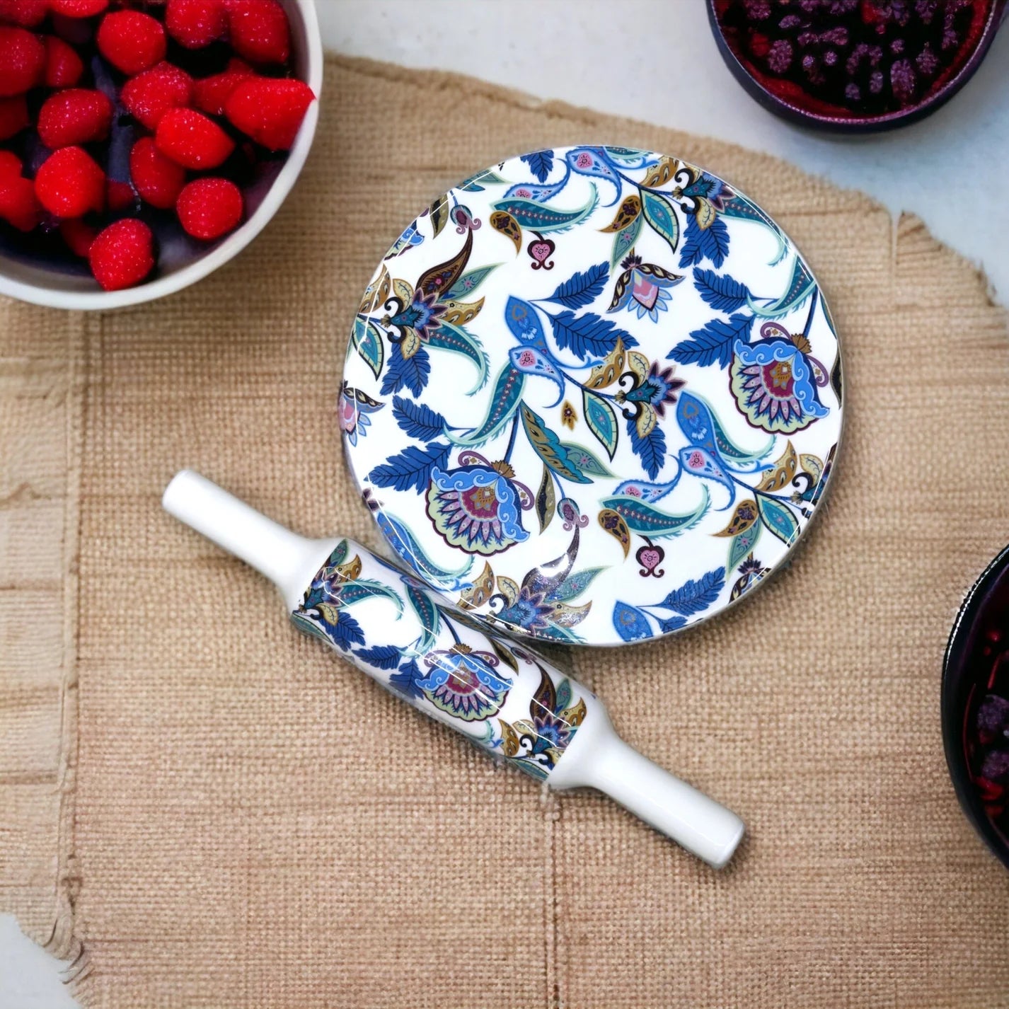 Handcrafted White Marble Roti Maker with Wooden Belan Enamel Prints | Indian Chakla Belan 10 Inch with Diameter