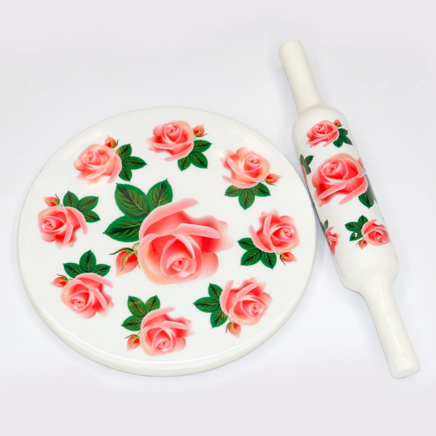 Handcrafted White Marble Roti Maker with Wooden Belan Enamel Prints | Indian Chakla Belan 10 Inch with Diameter