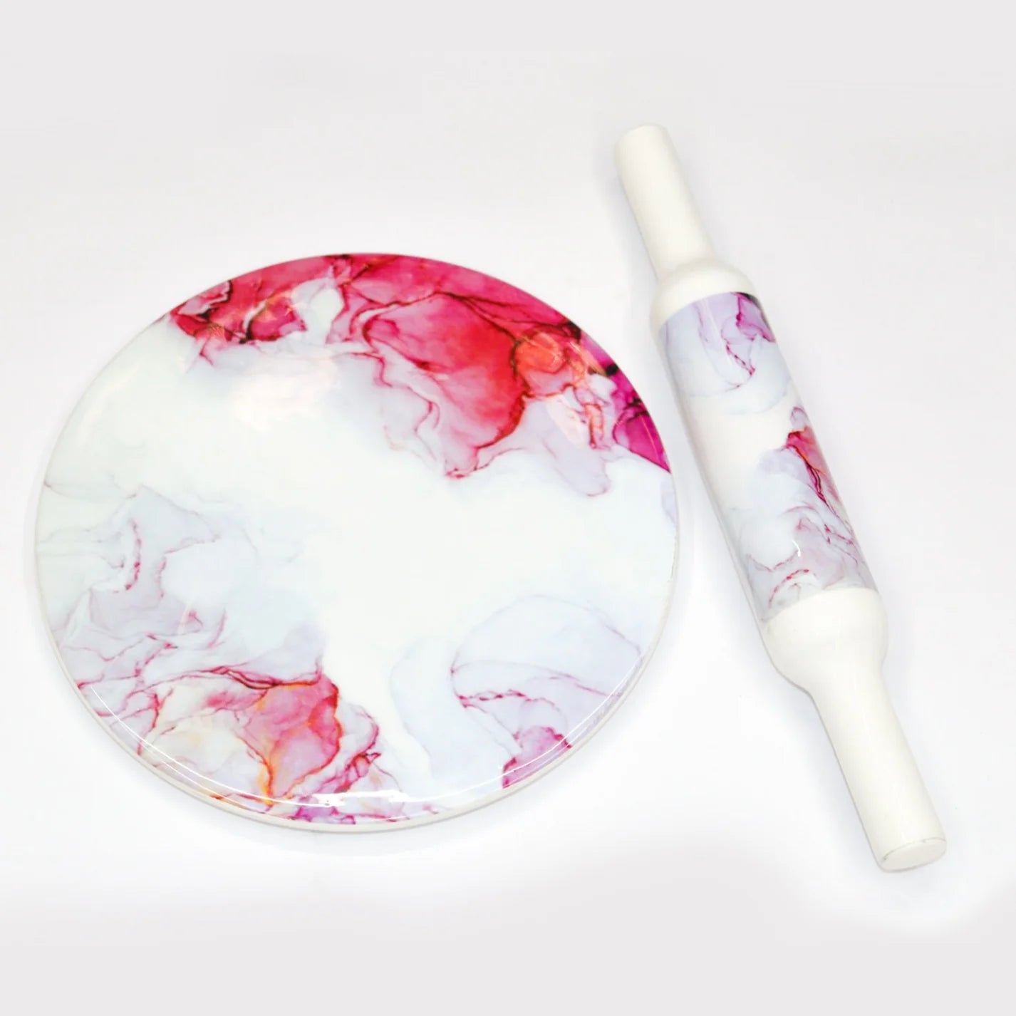 Handcrafted White Marble Roti Maker with Wooden Belan Enamel Prints | Indian Chakla Belan 10 Inch with Diameter