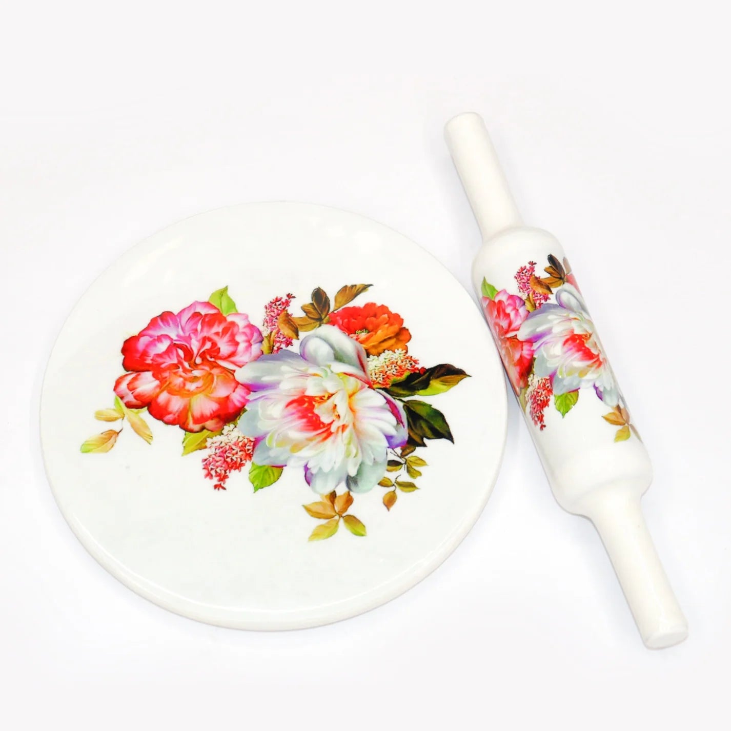 Handcrafted White Marble Roti Maker with Wooden Belan Enamel Prints | Indian Chakla Belan 10 Inch with Diameter