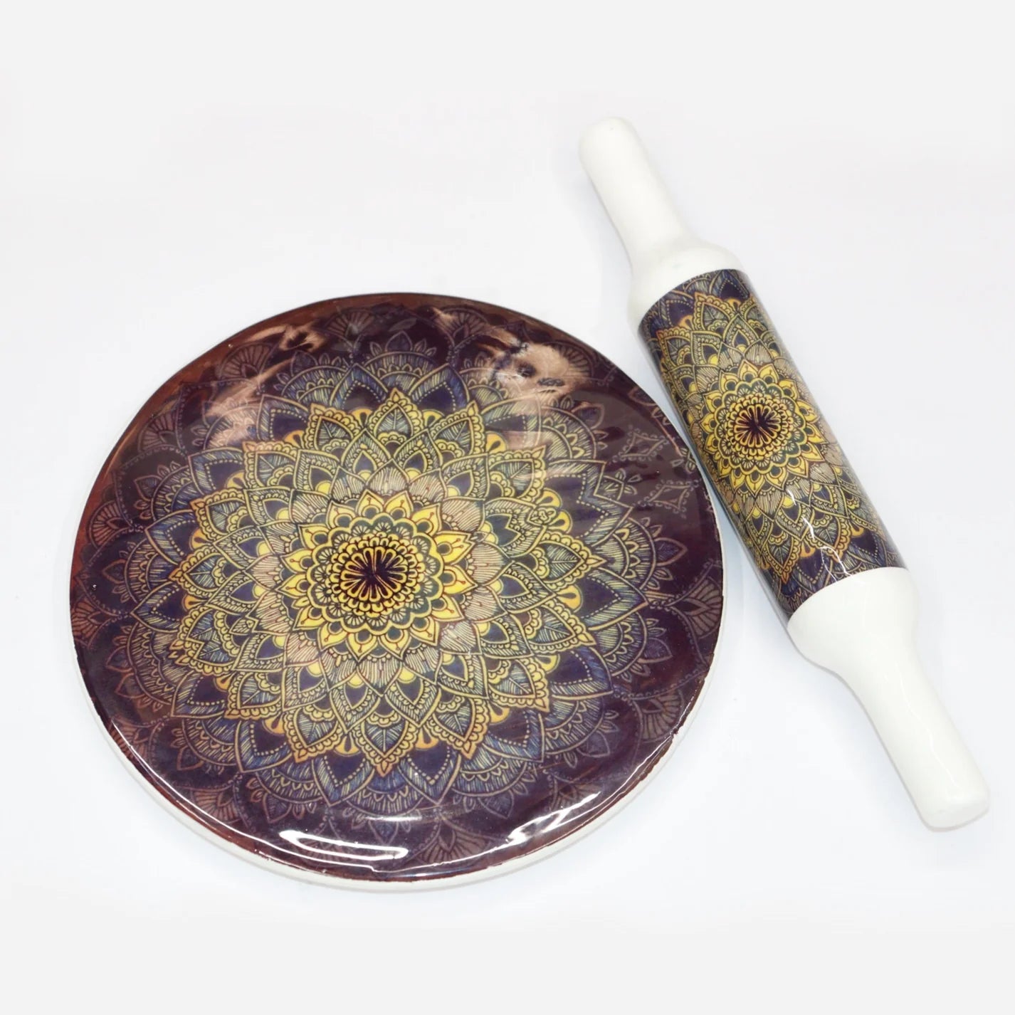 Handcrafted White Marble Roti Maker with Wooden Belan Enamel Prints | Indian Chakla Belan 10 Inch with Diameter