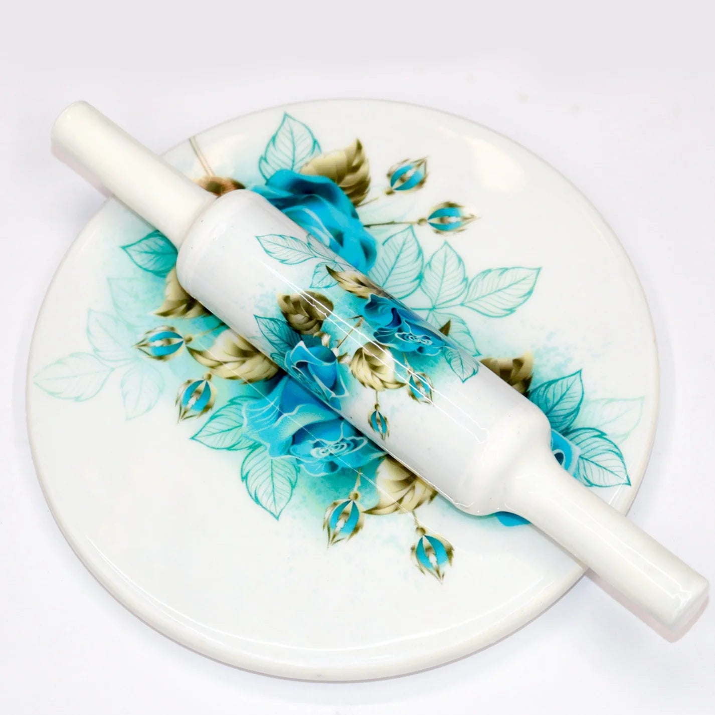 Handcrafted White Marble Roti Maker with Wooden Belan Enamel Prints | Indian Chakla Belan 10 Inch with Diameter