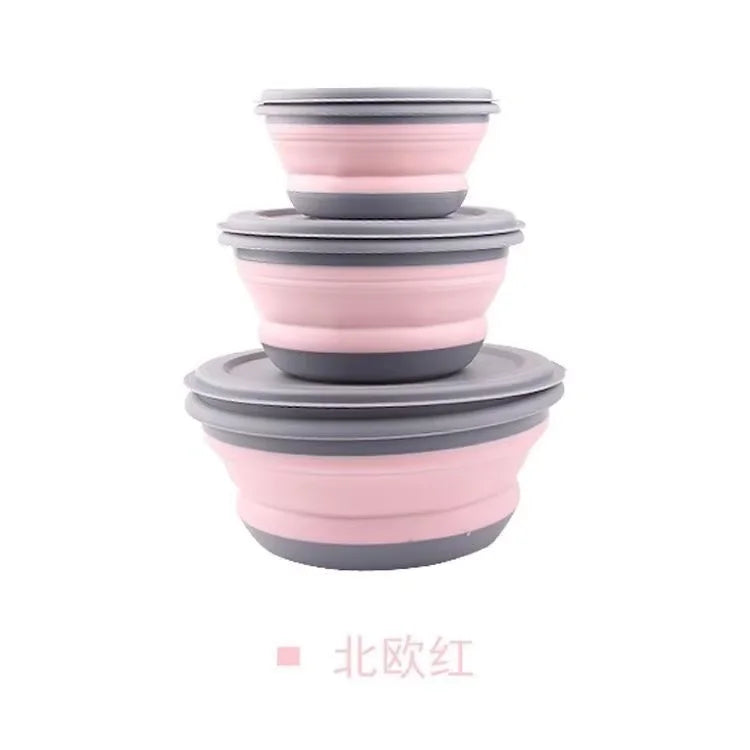 3-piece set with lid salad bowl set silicone folding bowl foldable lunch box portable