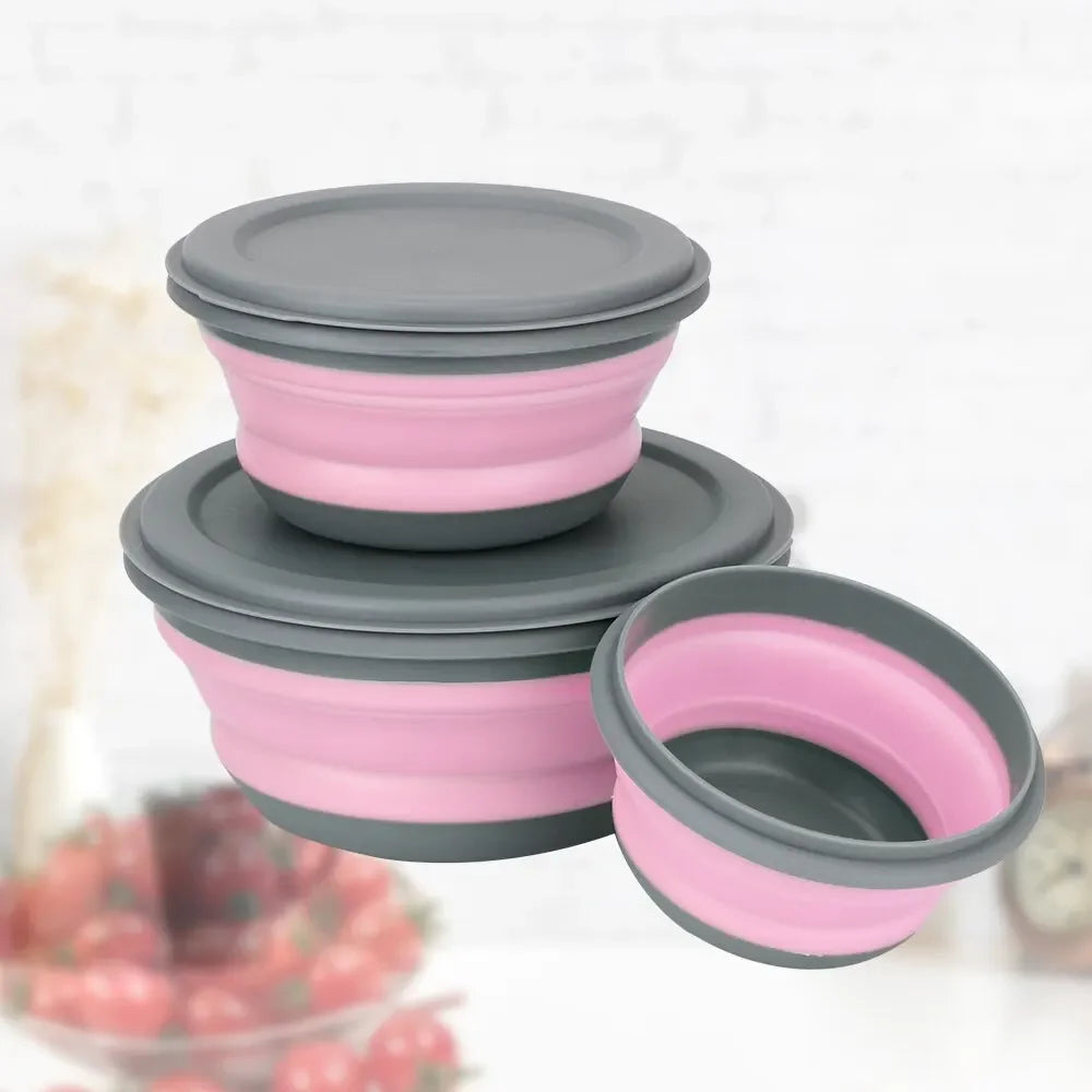 3-piece set with lid salad bowl set silicone folding bowl foldable lunch box portable