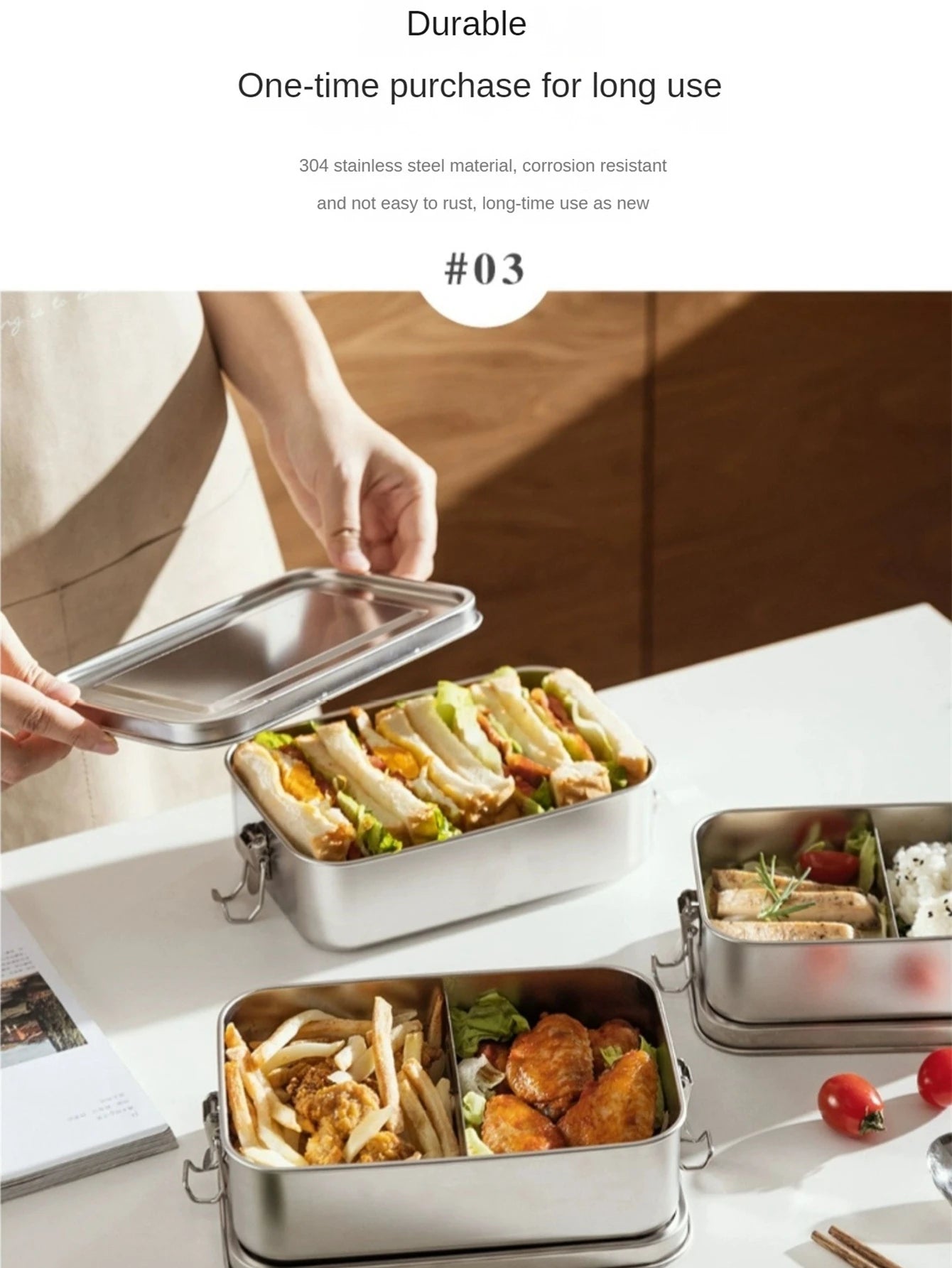Stainless Steel Square Lunch Box Sealed Insulation Bento Box Lunch Box Canteen Large Capacity Compartment Lunch Box