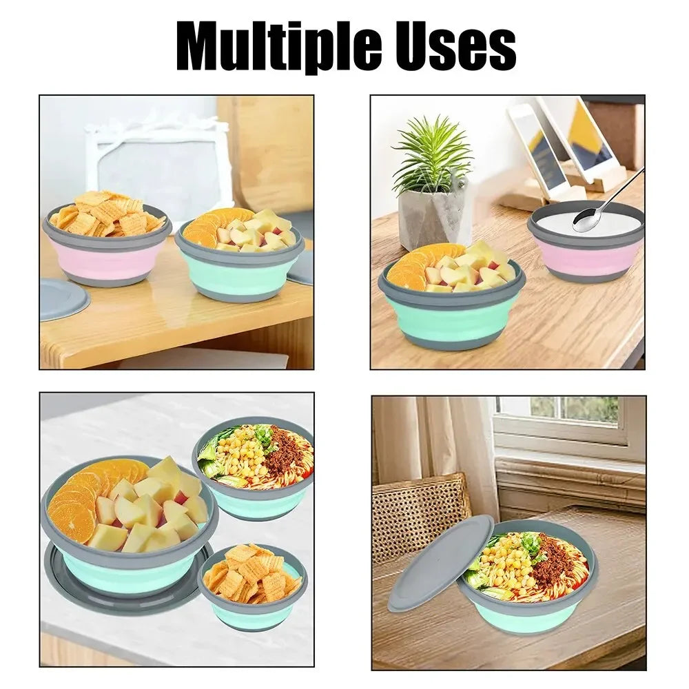 3-piece set with lid salad bowl set silicone folding bowl foldable lunch box portable