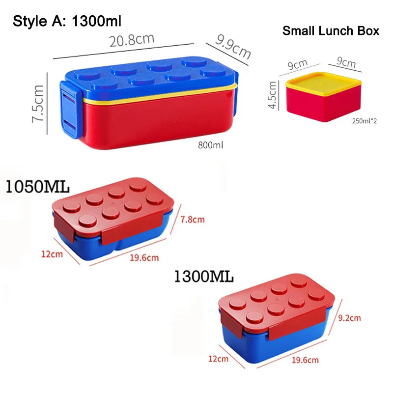 1050/1300ML Building Block Lunch Box with Tableware Portable Double Layer Bento Box for Student Office Fruit Salad Sealed Box