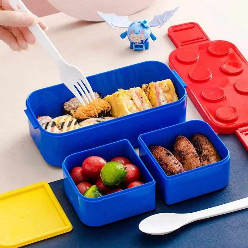 1050/1300ML Building Block Lunch Box with Tableware Portable Double Layer Bento Box for Student Office Fruit Salad Sealed Box