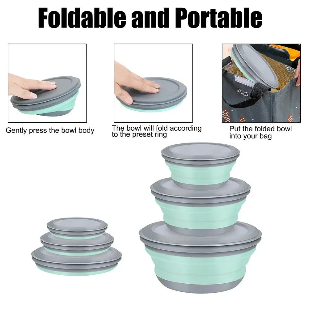 3-piece set with lid salad bowl set silicone folding bowl foldable lunch box portable