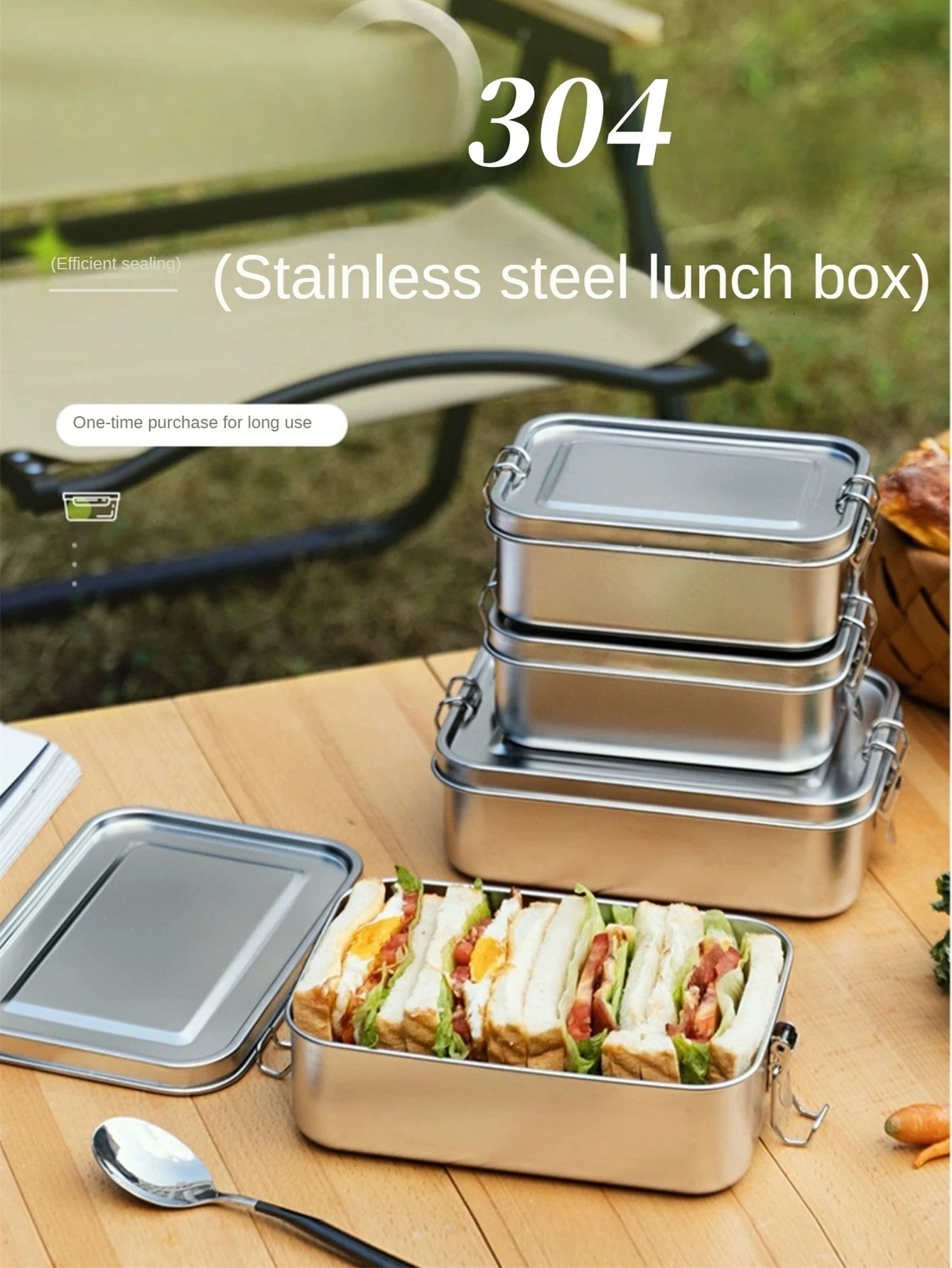 Stainless Steel Square Lunch Box Sealed Insulation Bento Box Lunch Box Canteen Large Capacity Compartment Lunch Box