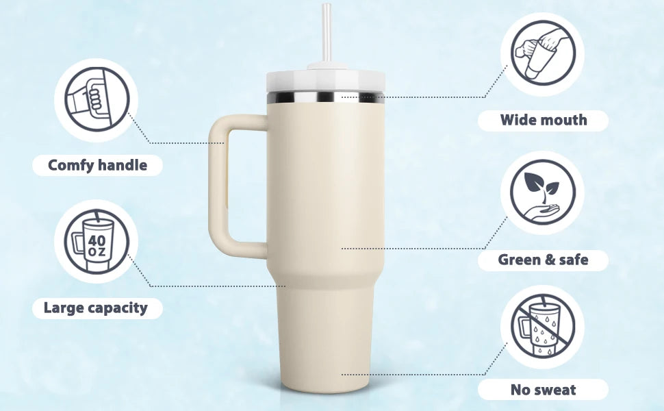 40oz Stainless Steel Insulated Water Bottle with Straw & Handle – Vacuum Flask Travel Coffee Tumbler, Hot & Cold Thermal Mug (1200ml)