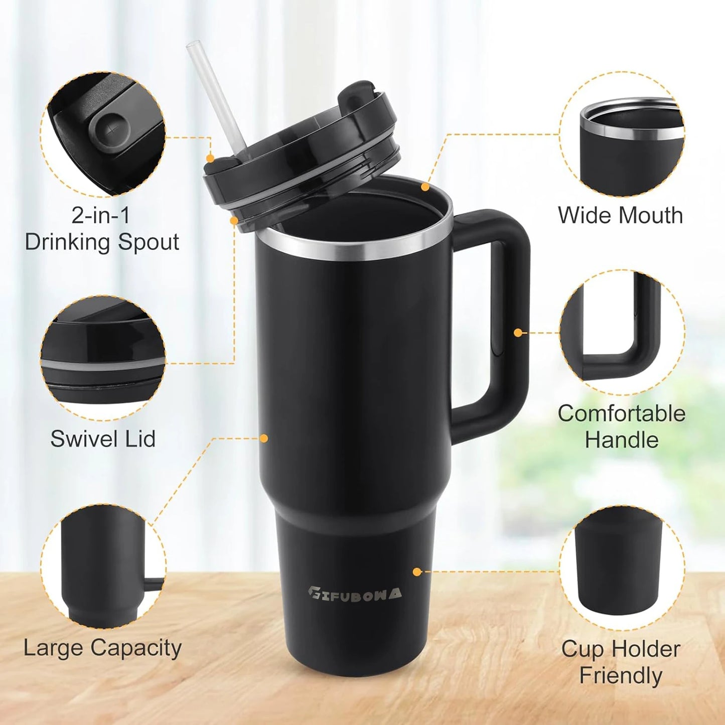 40oz Stainless Steel Insulated Water Bottle with Straw & Handle – Vacuum Flask Travel Coffee Tumbler, Hot & Cold Thermal Mug (1200ml)
