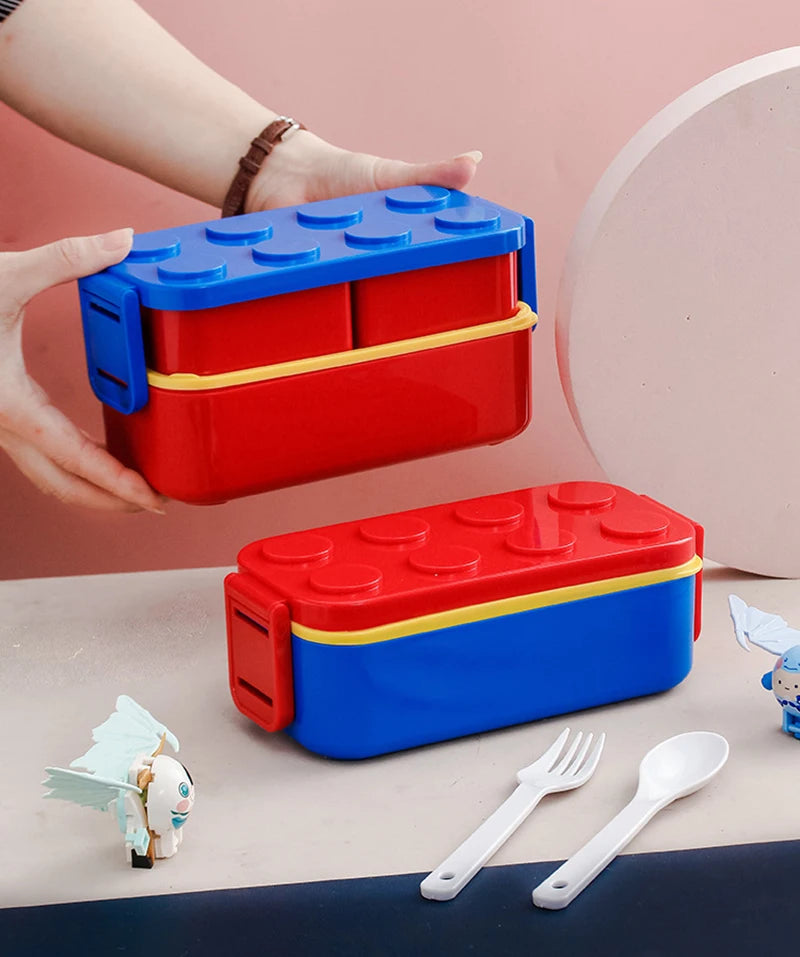 1050/1300ML Building Block Lunch Box with Tableware Portable Double Layer Bento Box for Student Office Fruit Salad Sealed Box
