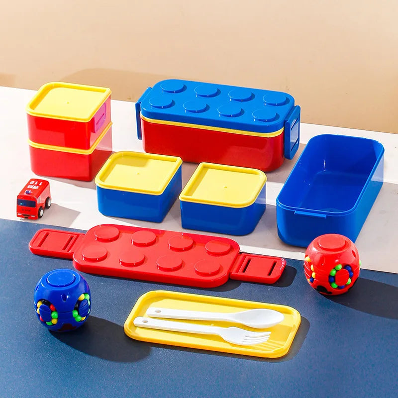 1050/1300ML Building Block Lunch Box with Tableware Portable Double Layer Bento Box for Student Office Fruit Salad Sealed Box