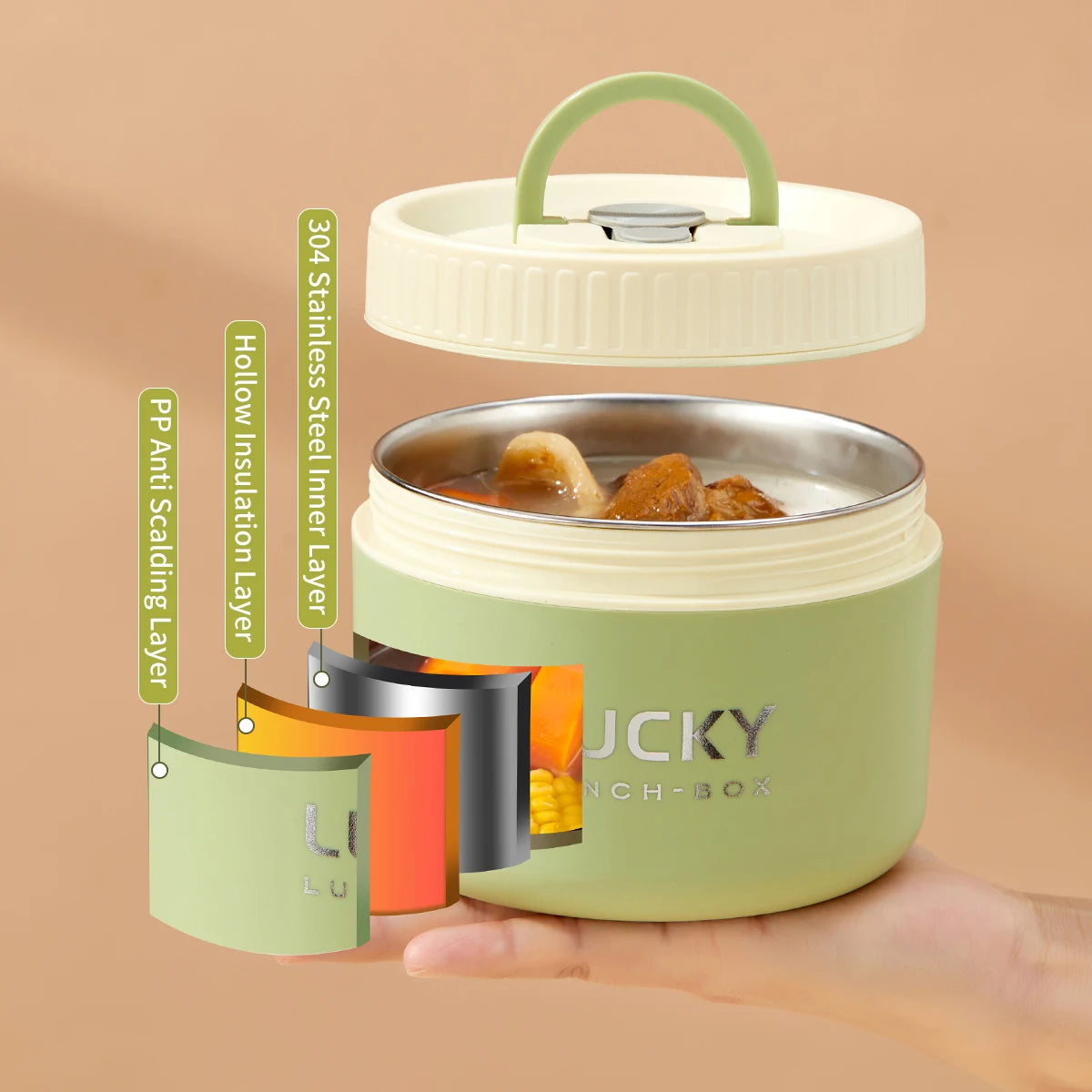 Green thermos container with food inside, labeled with features on a beige background