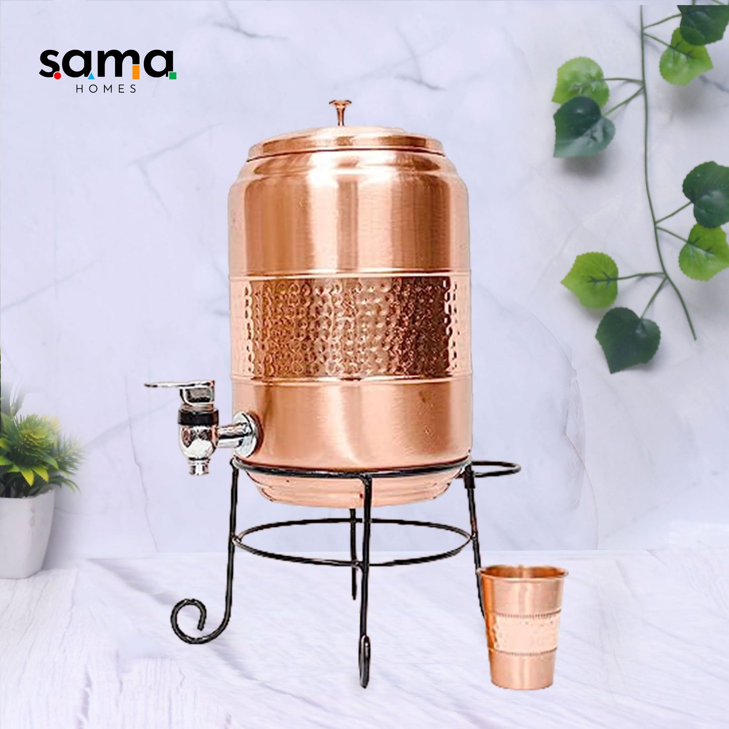 Pure Copper Half Hammered Water Dispenser with Glass and Stand (Matka) Combo 5000ml - Sama Homes