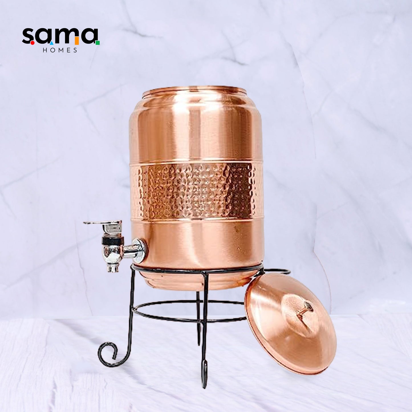 Pure Copper Half Hammered Water Dispenser with Glass and Stand (Matka) Combo 5000ml - Sama Homes