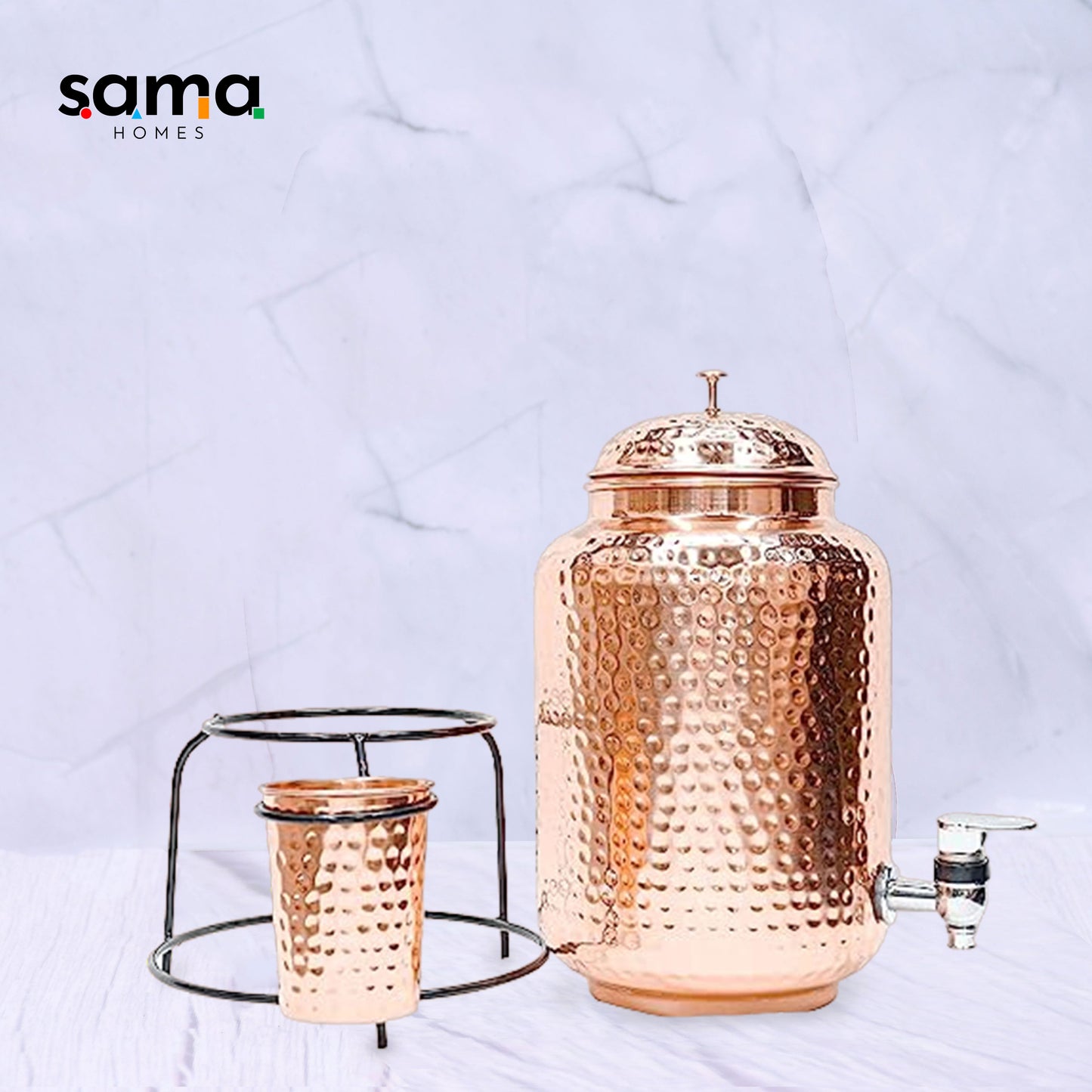 Pure Copper Hammered Water Dispenser with Glass and Stand (Matka) Combo 5000ml - Sama Homes