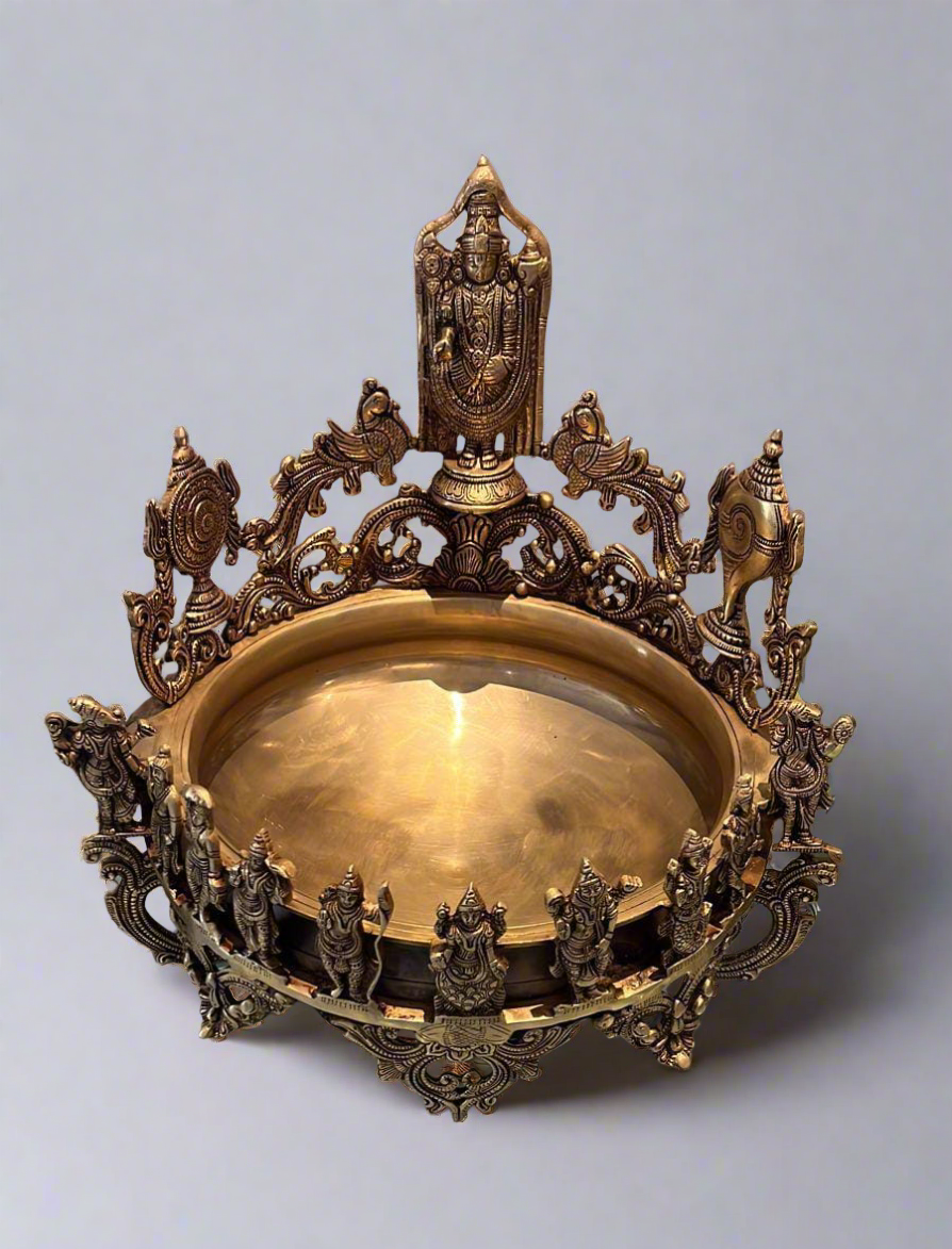 Large Pure Brass Dashavatar Urli - Decorative Indian Bowl for Home Decor & Festive Ambiance