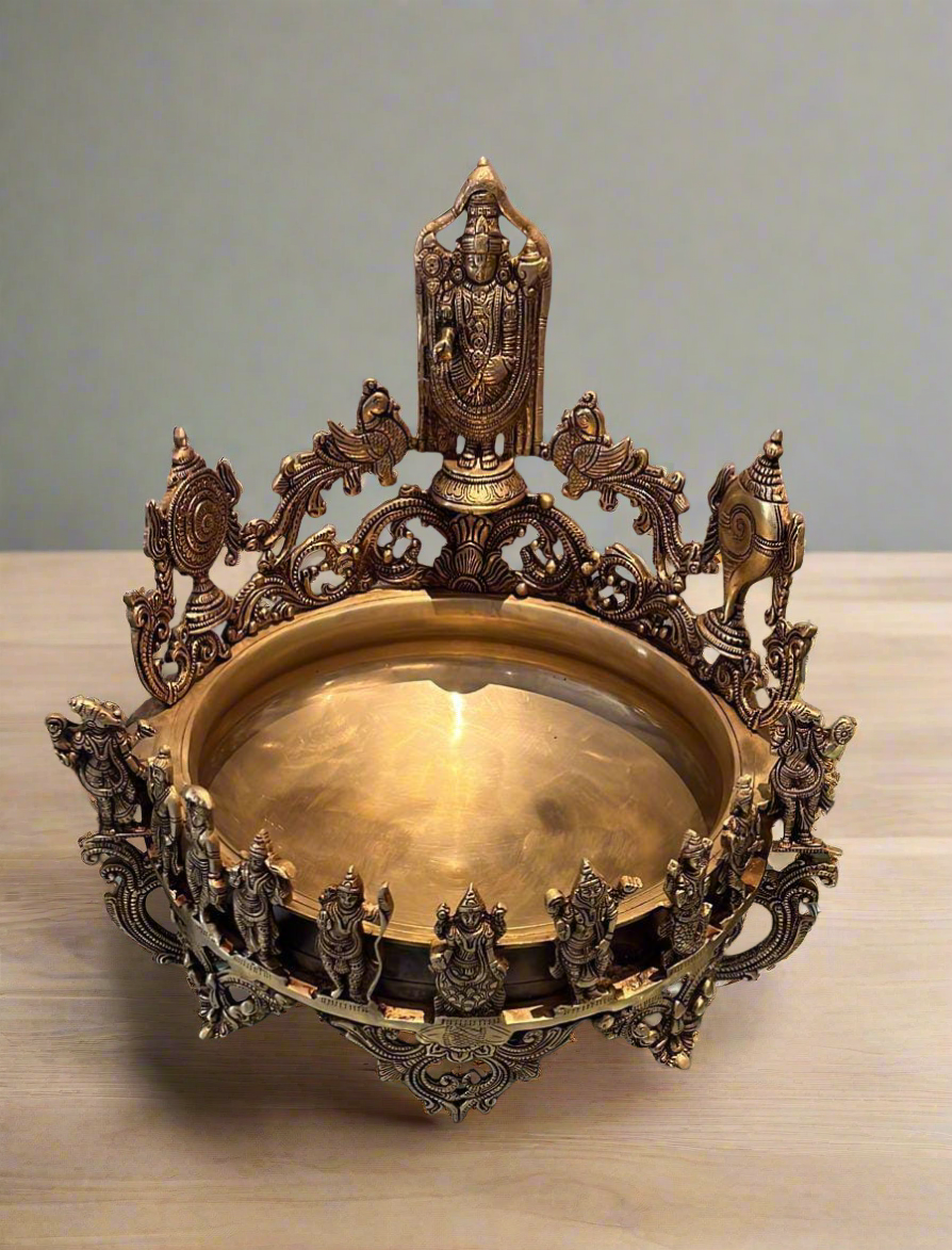 Large Pure Brass Dashavatar Urli - Decorative Indian Bowl for Home Decor & Festive Ambiance