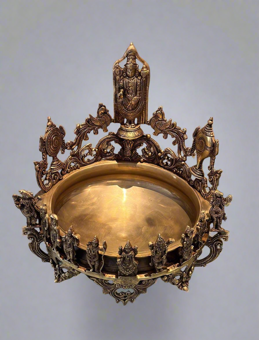Large Pure Brass Dashavatar Urli - Decorative Indian Bowl for Home Decor & Festive Ambiance